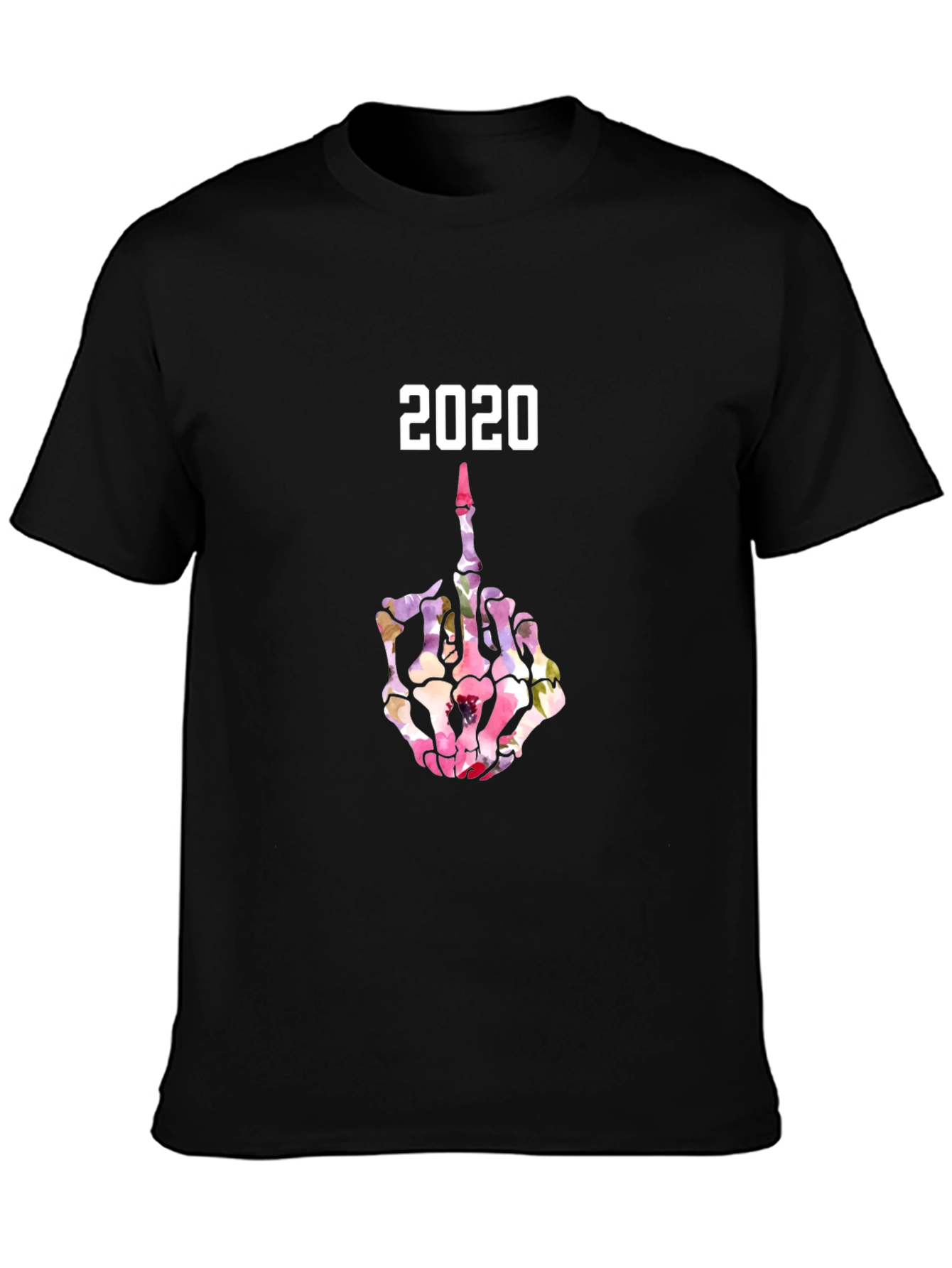 2020 Floral Skeleton Middle Finger Graphic T-Shirt