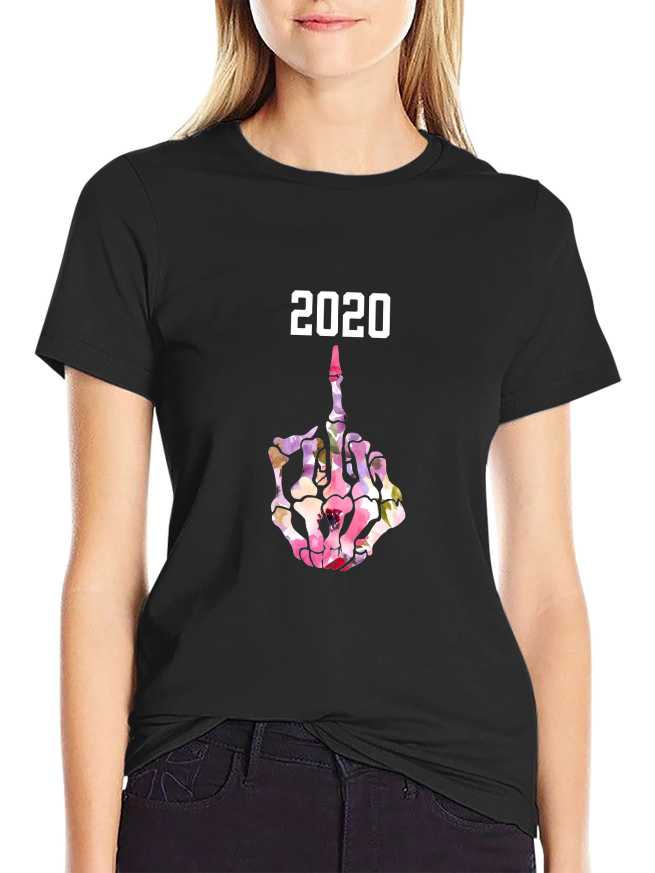 2020 Floral Skeleton Middle Finger Graphic T-Shirt