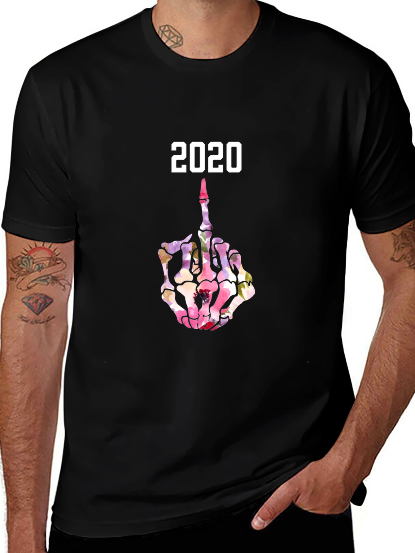 2020 Floral Skeleton Middle Finger Graphic T-Shirt