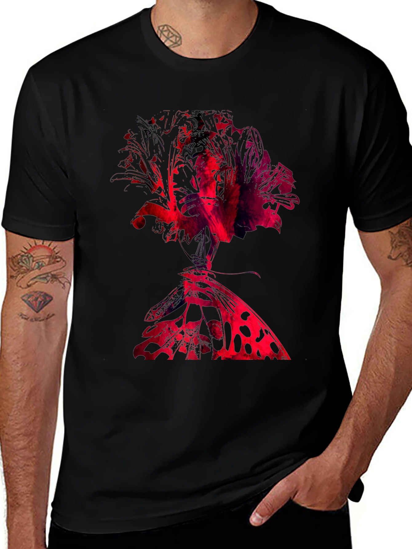 Abstract Rose & Butterfly Black Graphic Tee