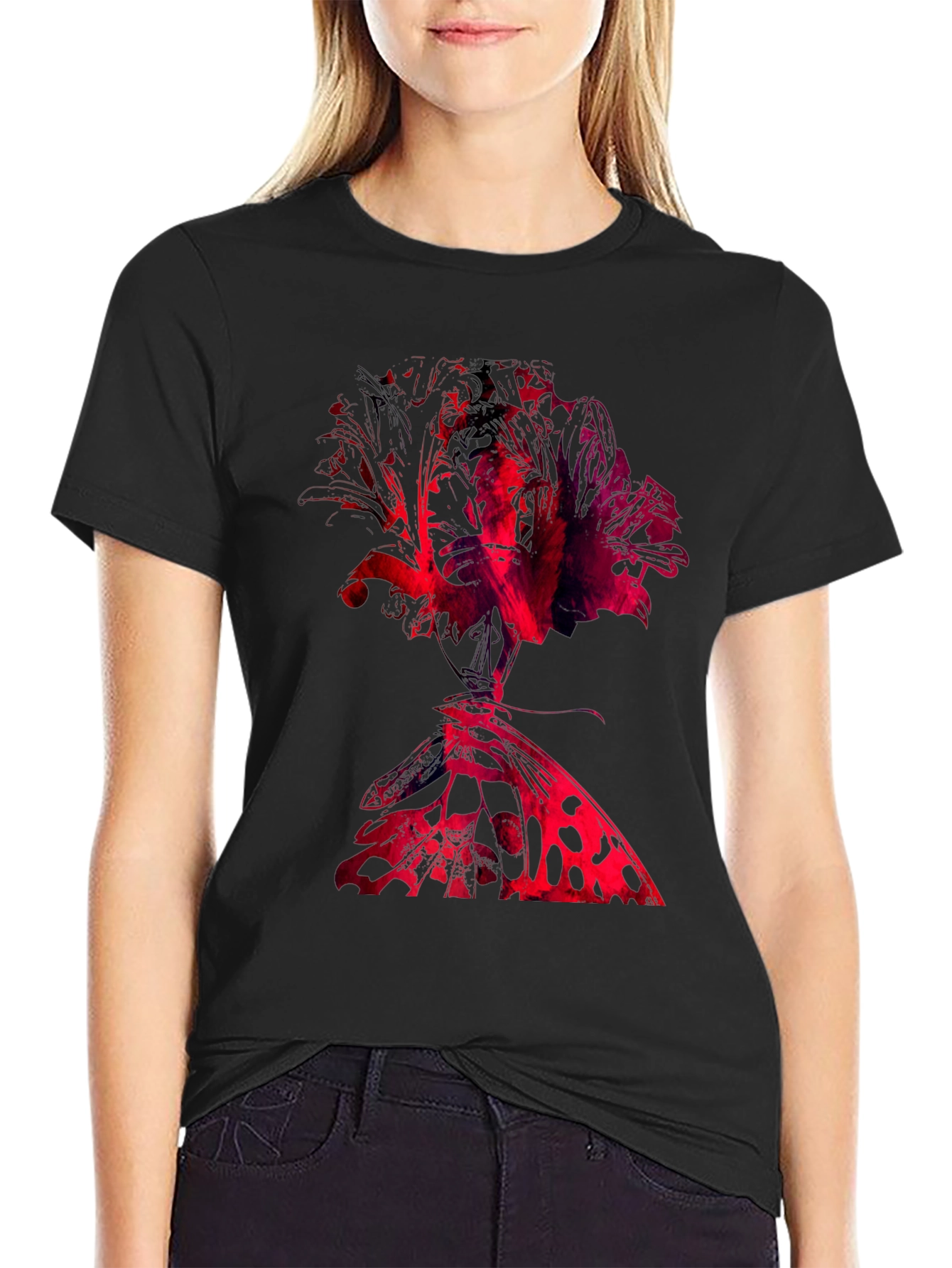 Abstract Rose & Butterfly Black Graphic Tee