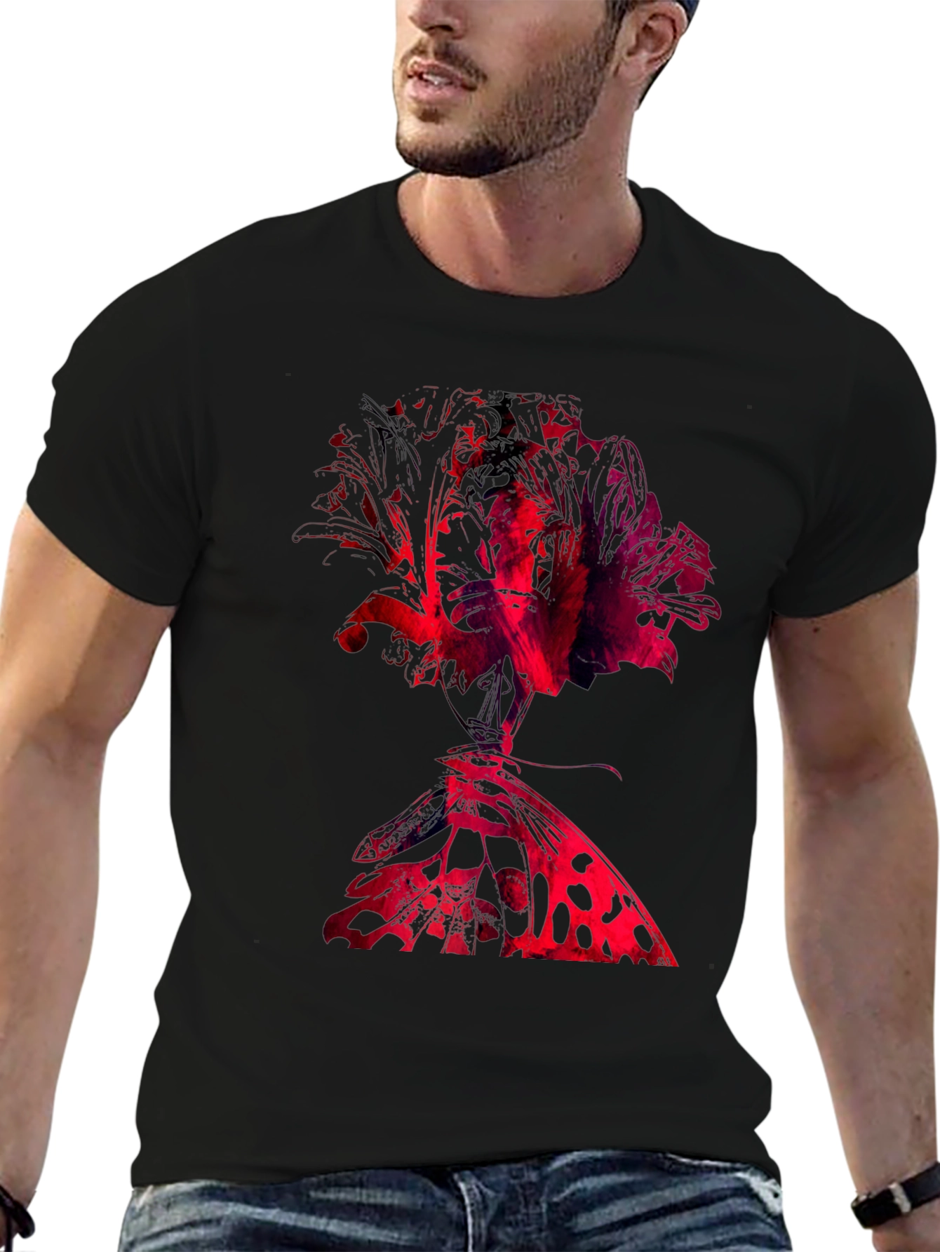 Abstract Rose & Butterfly Black Graphic Tee