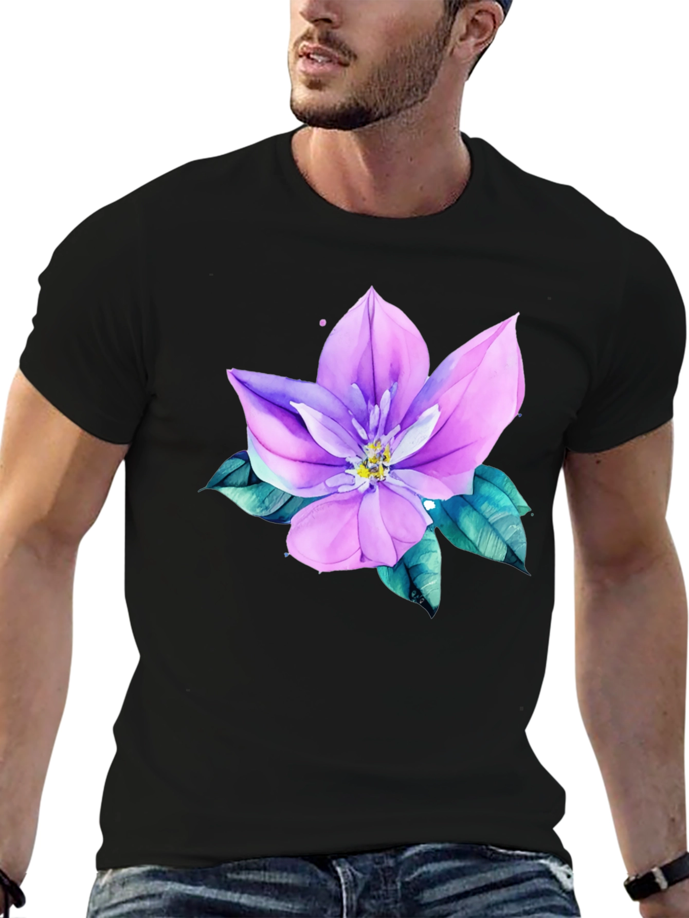 Floral Print Mens Black Tee