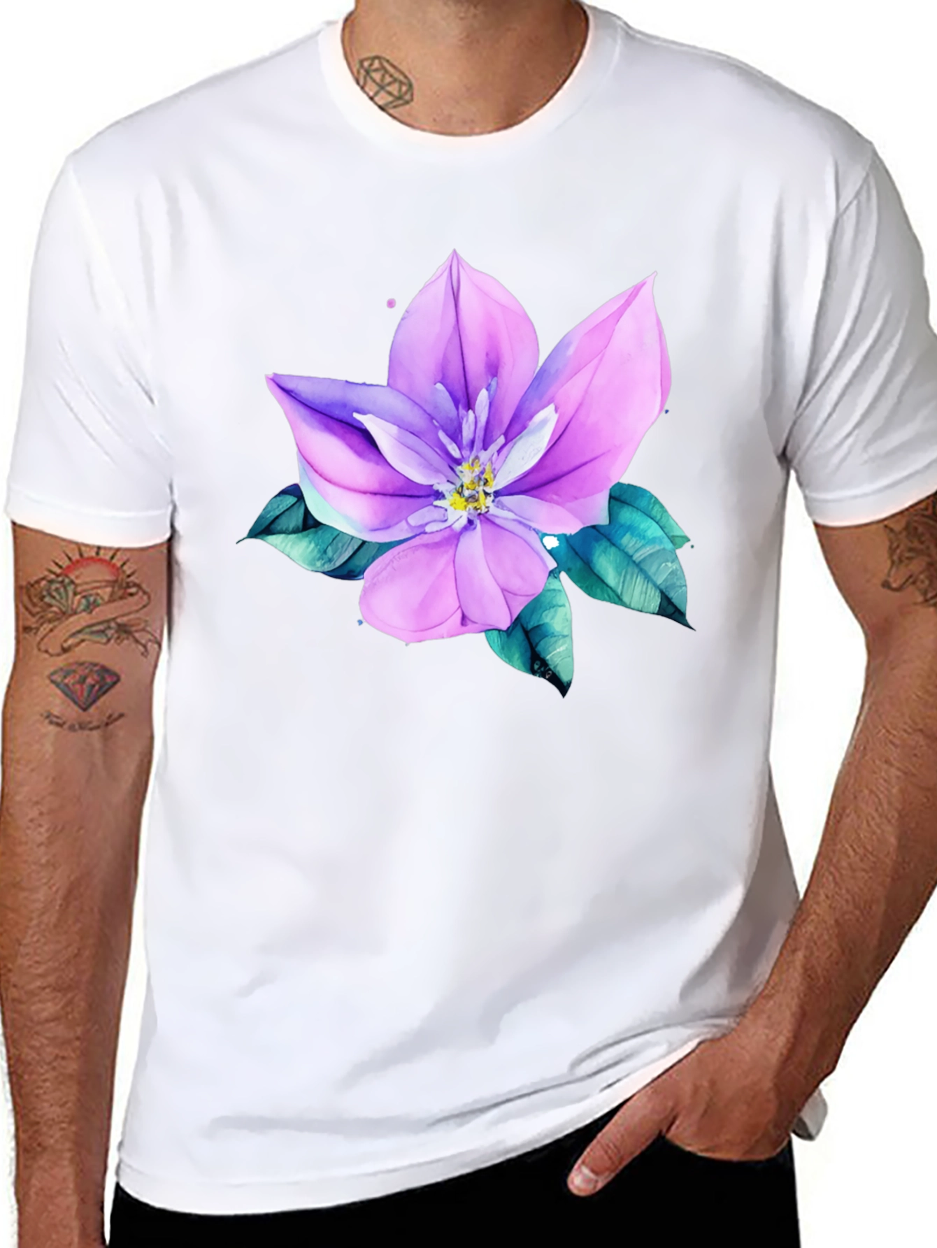 Floral Print Mens Black Tee