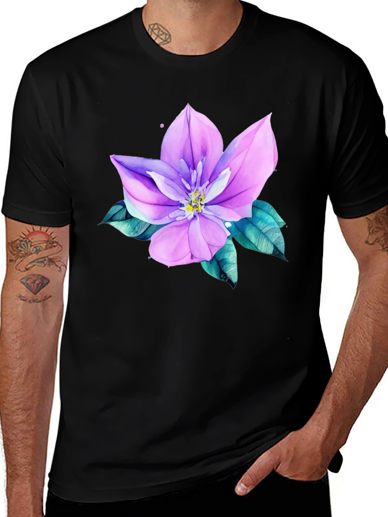 Floral Print Mens Black Tee