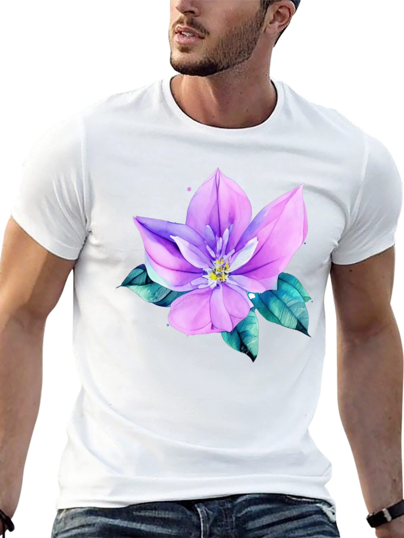 Floral Print Mens Black Tee