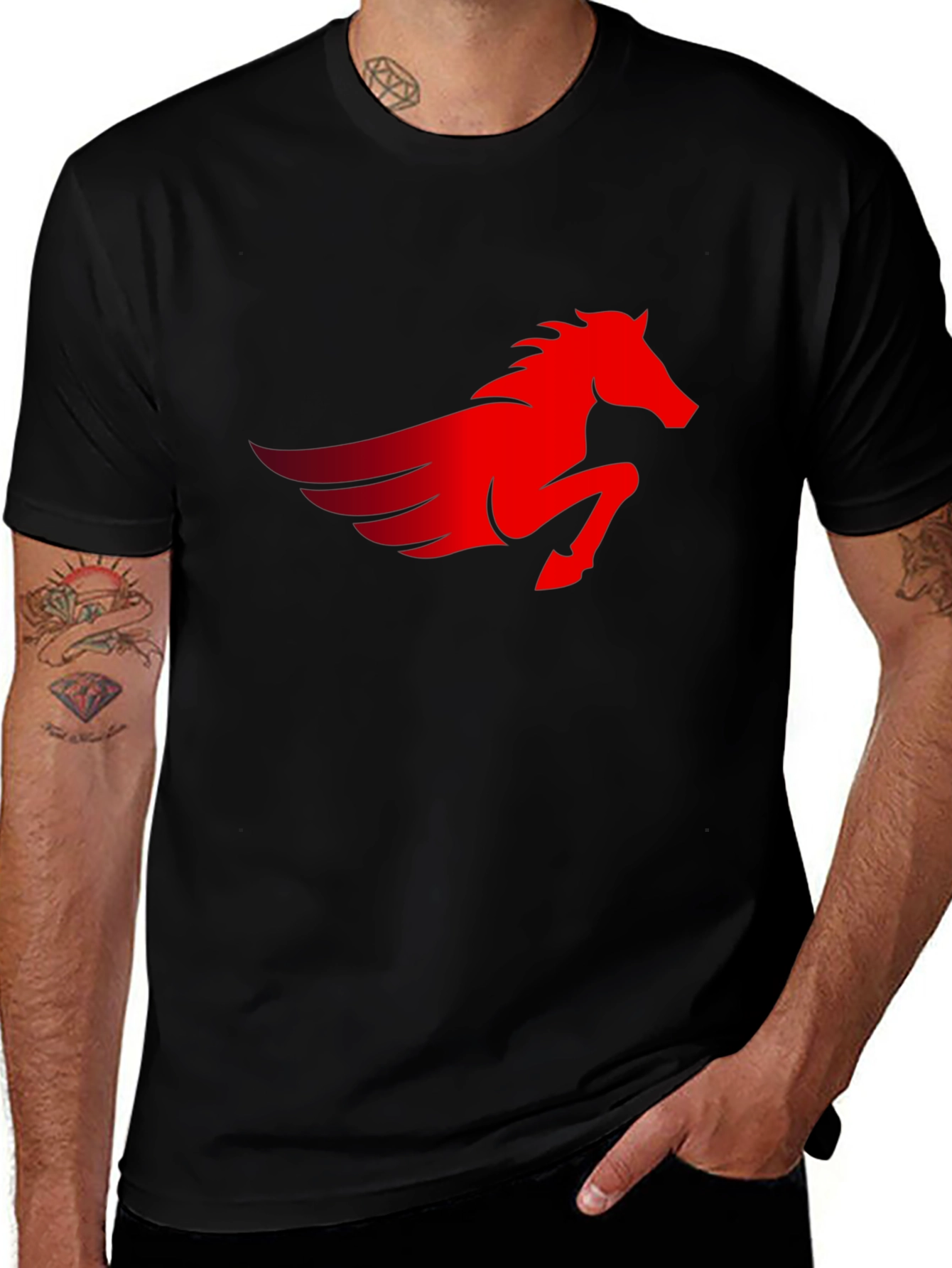Mens Black T-Shirt with Red Pegasus Graphic
