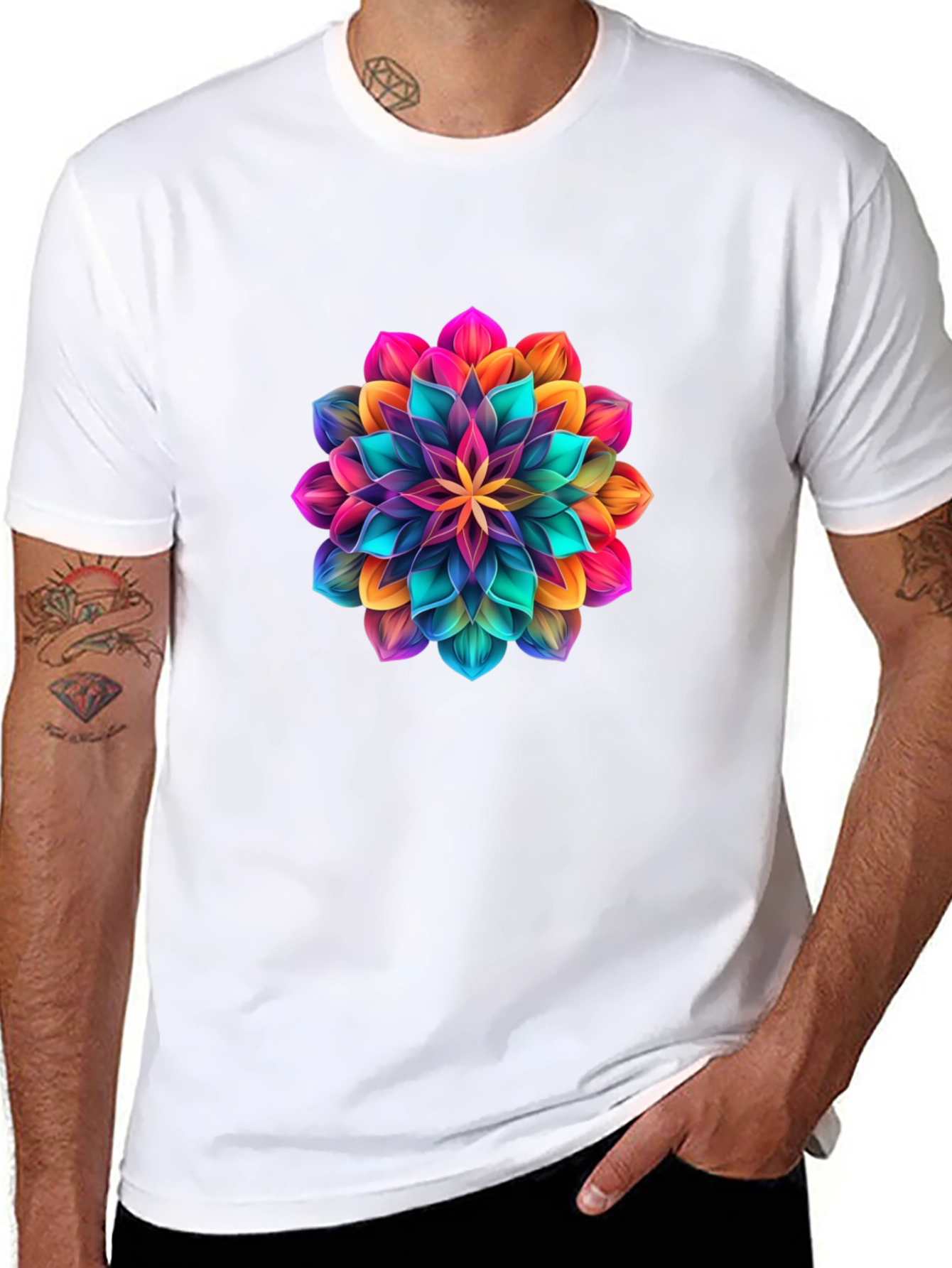 Mens Black T-Shirt with Vibrant Floral Design