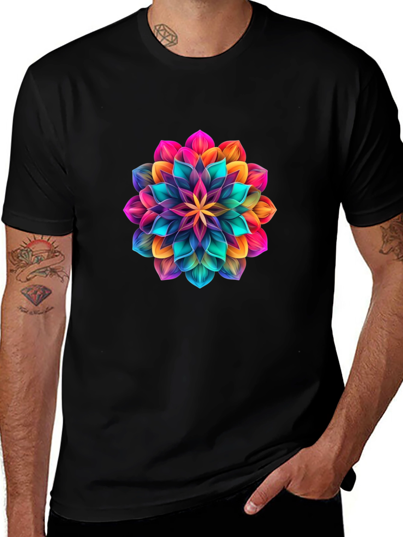 Mens Black T-Shirt with Vibrant Floral Design