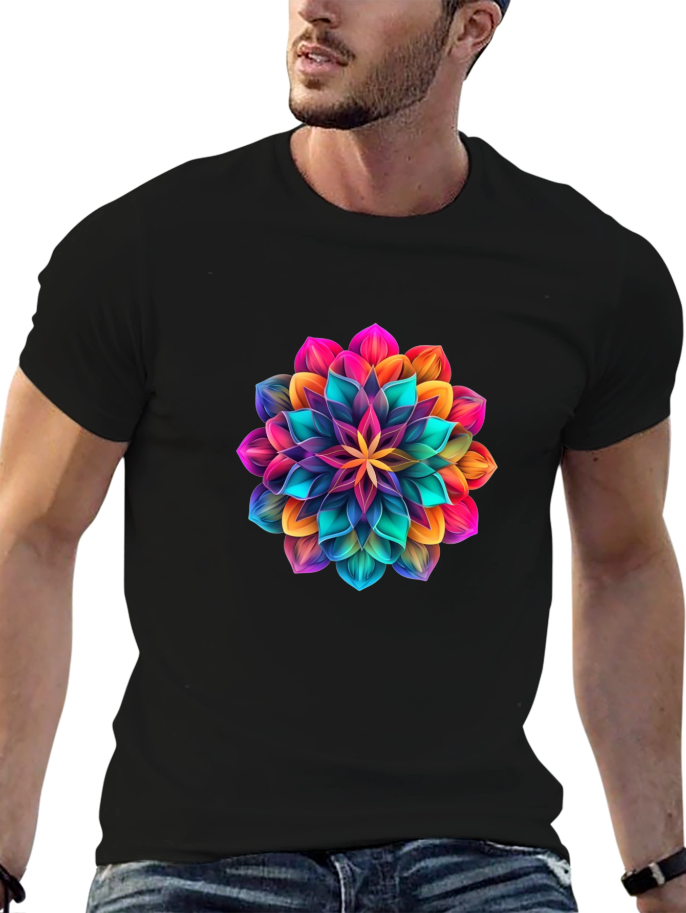 Mens Black T-Shirt with Vibrant Floral Design