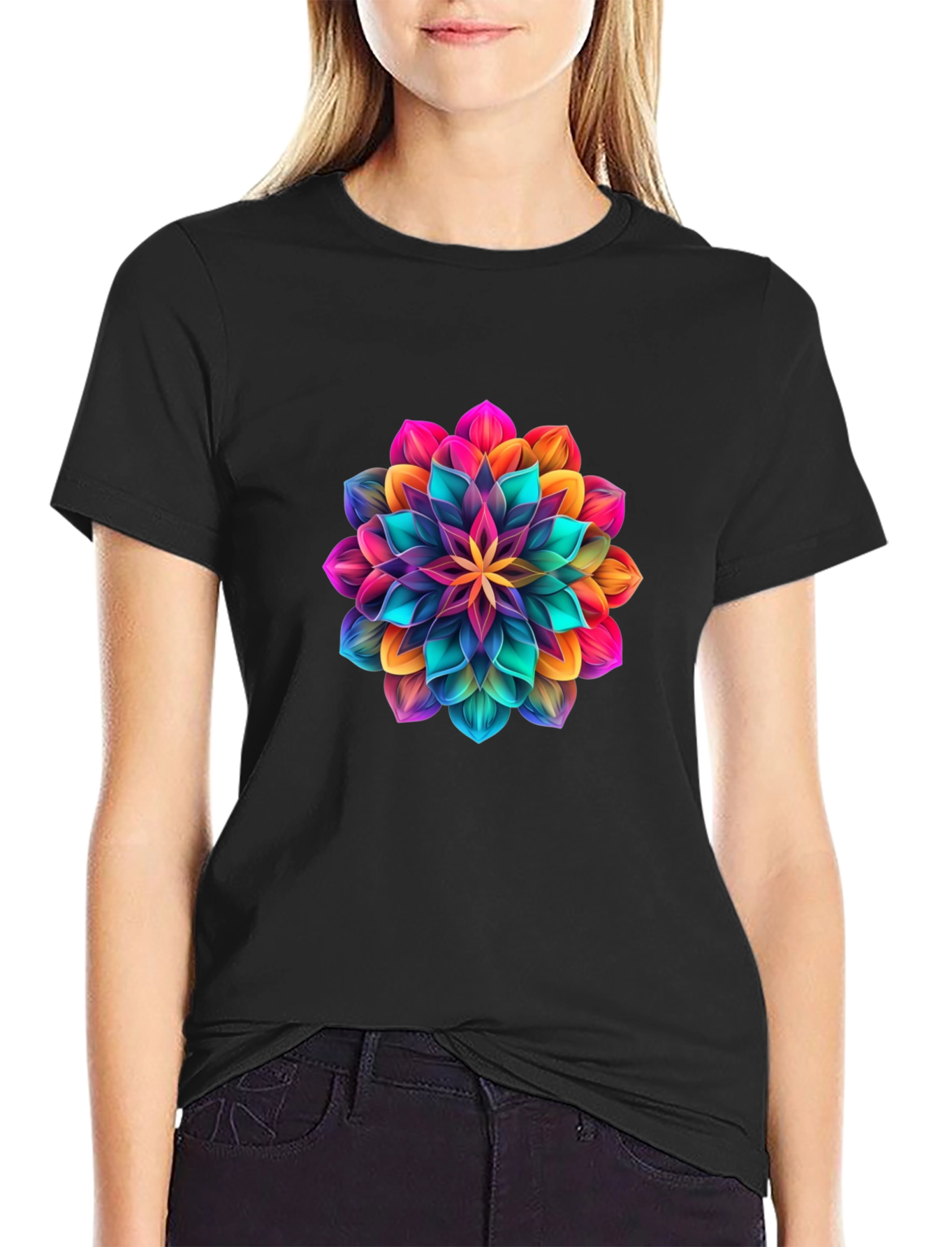 Mens Black T-Shirt with Vibrant Floral Design