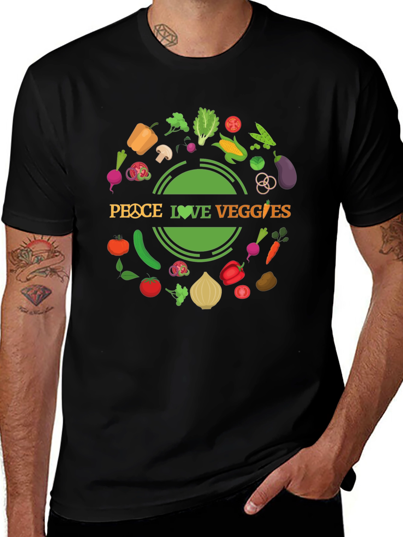 Peace Love Veggies Black Graphic T-Shirt