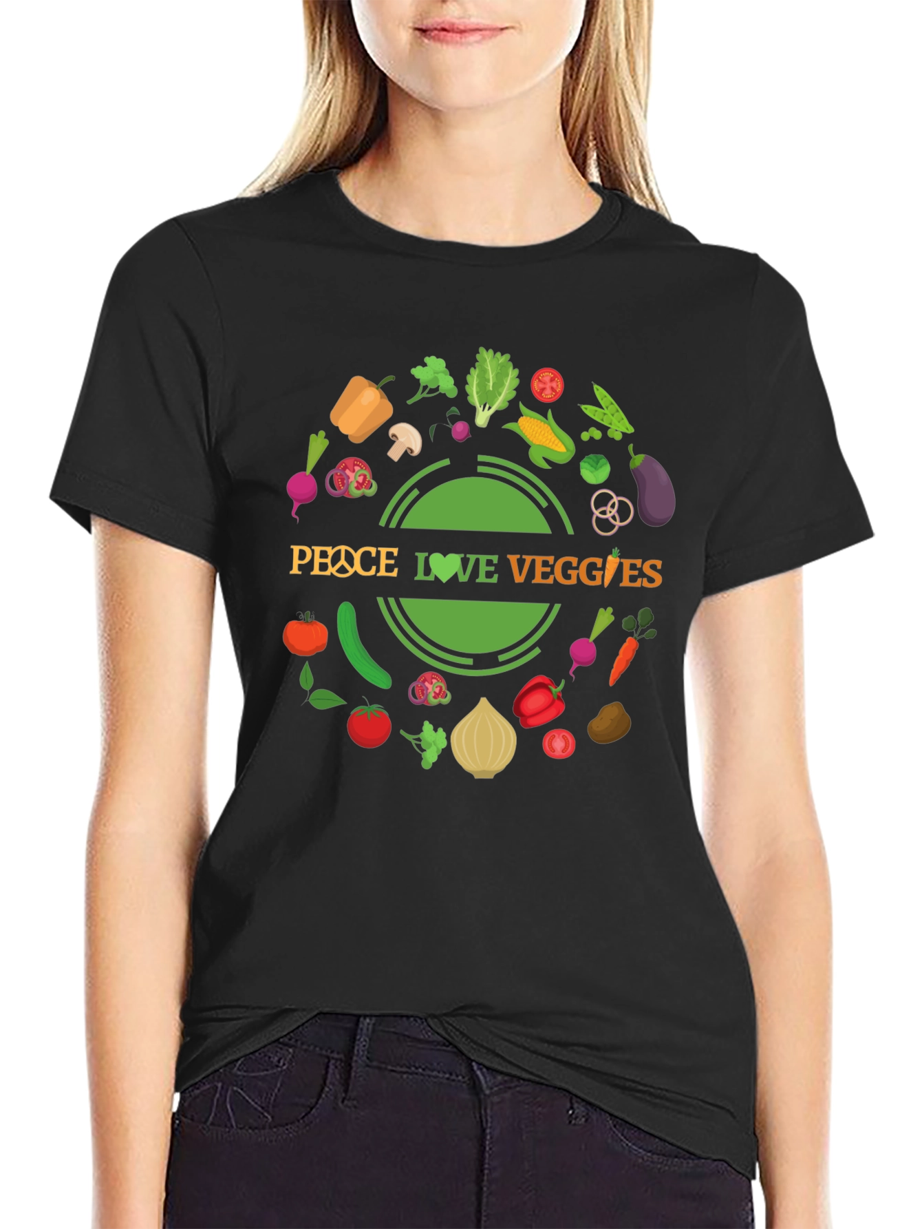 Peace Love Veggies Black Graphic T-Shirt
