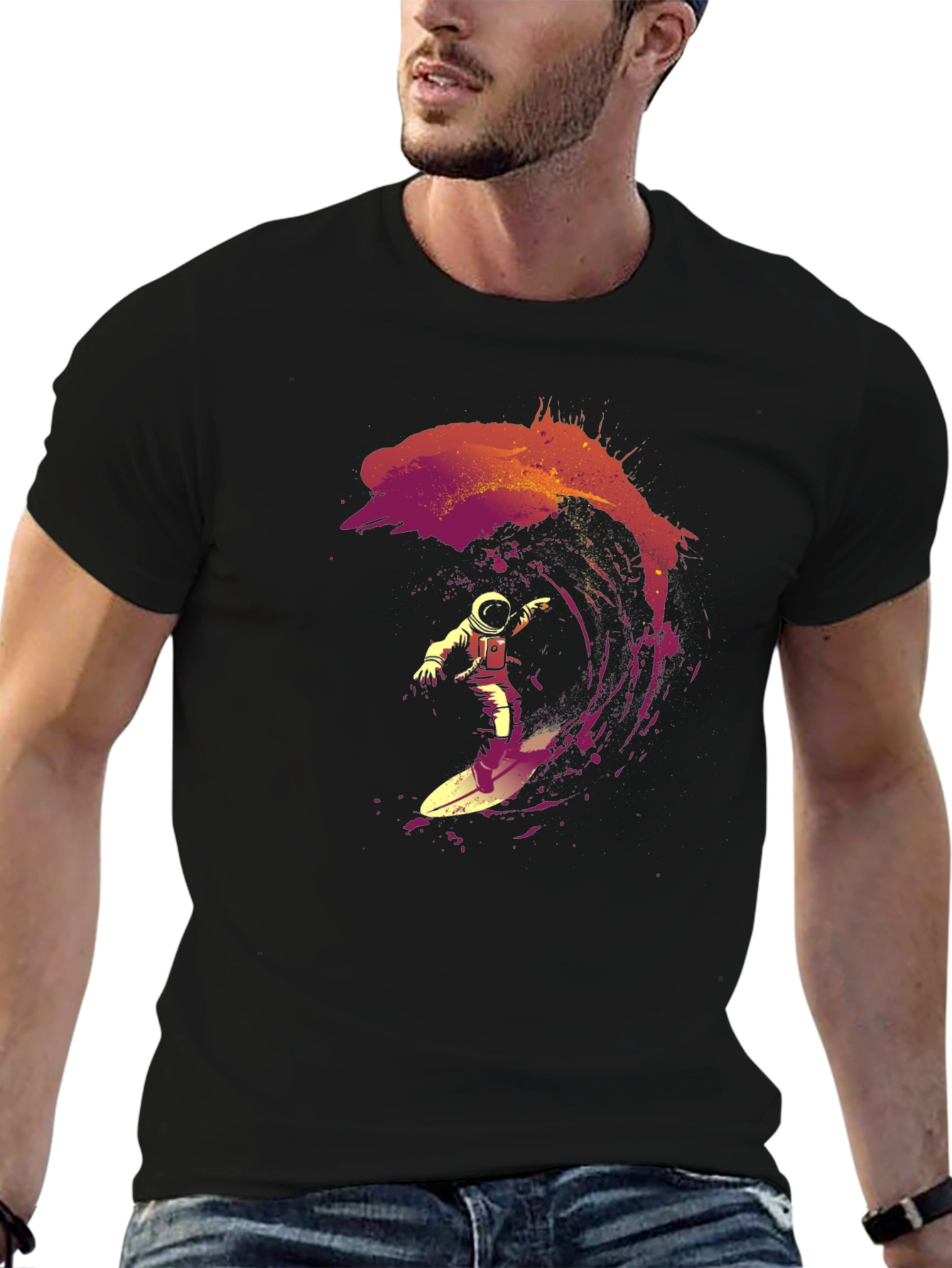 Astronaut Surfing Wave Graphic T-Shirt - Cool Space Design