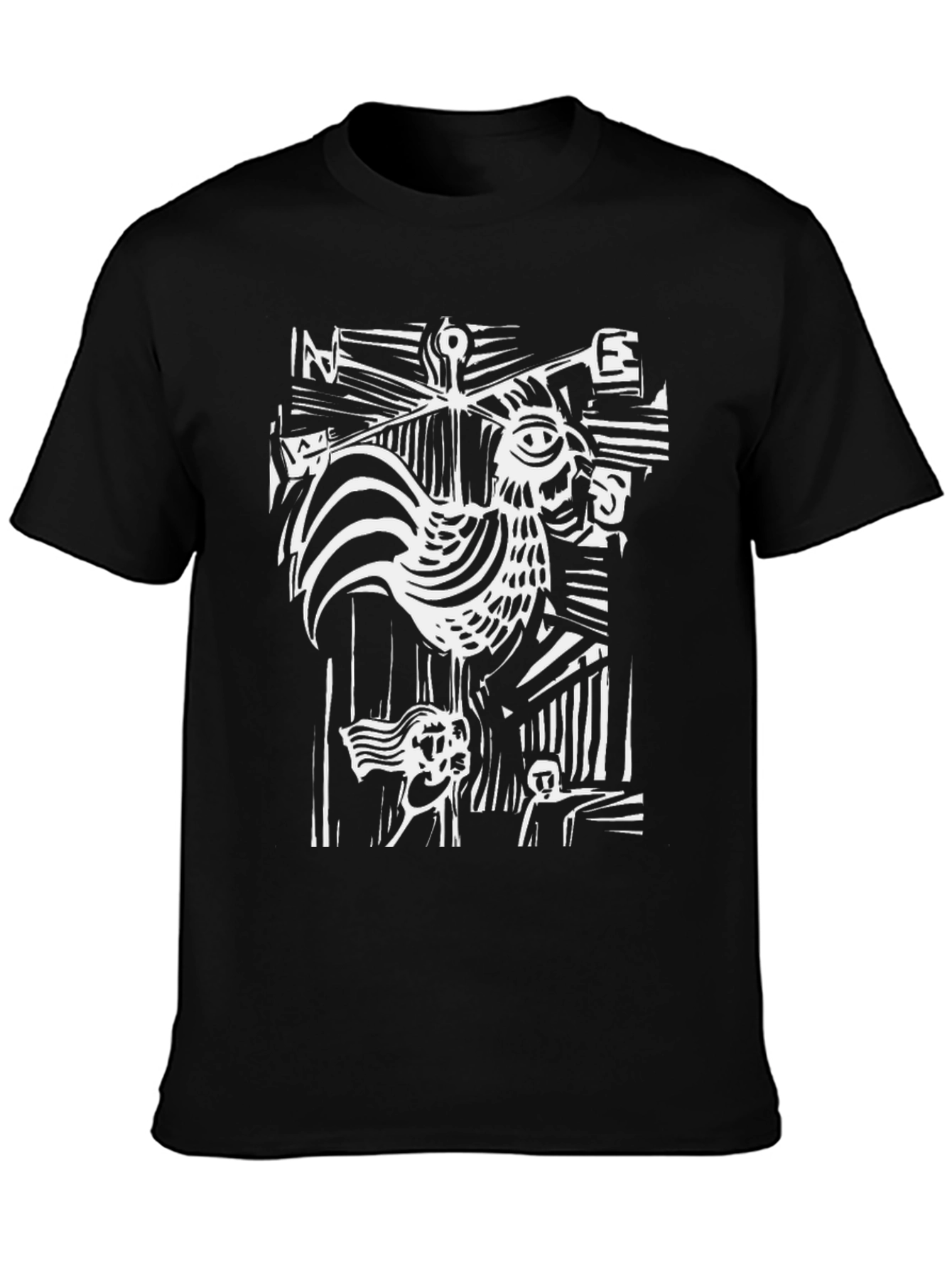 Abstract Rooster Graphic Tee - Black Cotton T-Shirt