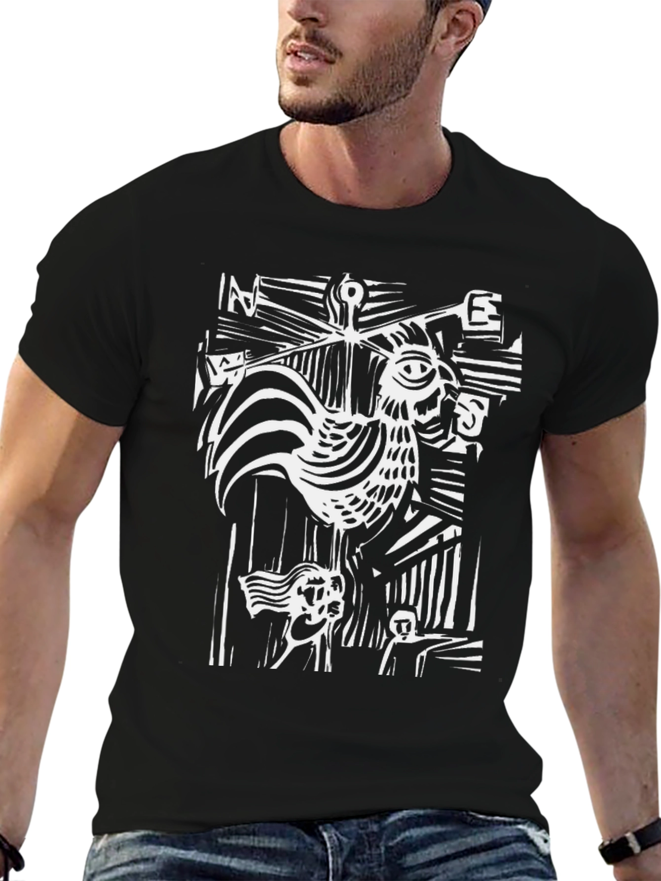 Abstract Rooster Graphic Tee - Black Cotton T-Shirt