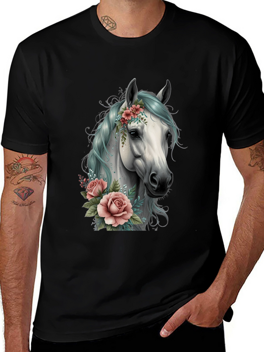 Floral Horse Graphic Tee - Black Cotton T-Shirt