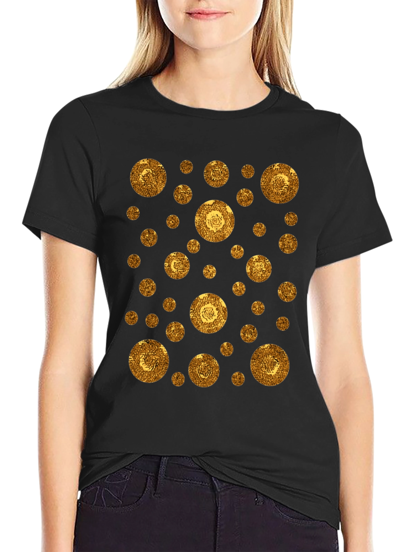 Gold Circle Pattern Black T-Shirt