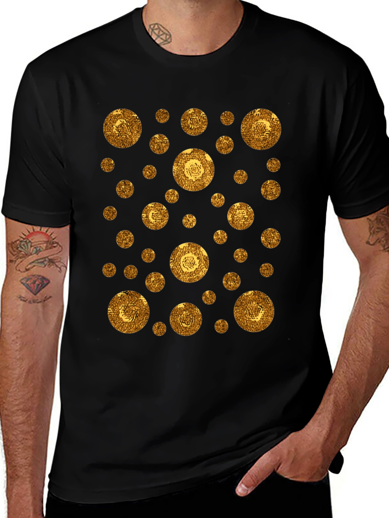 Gold Circle Pattern Black T-Shirt