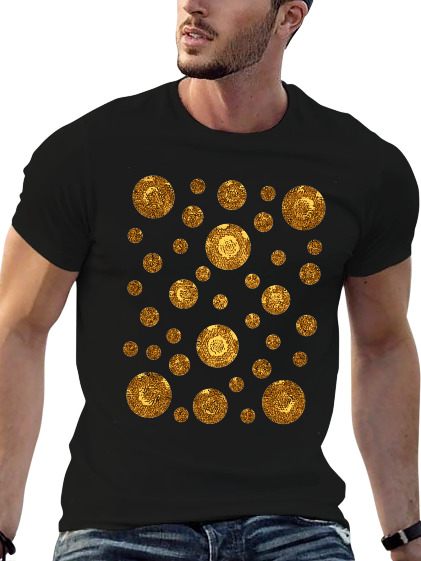 Gold Circle Pattern Black T-Shirt
