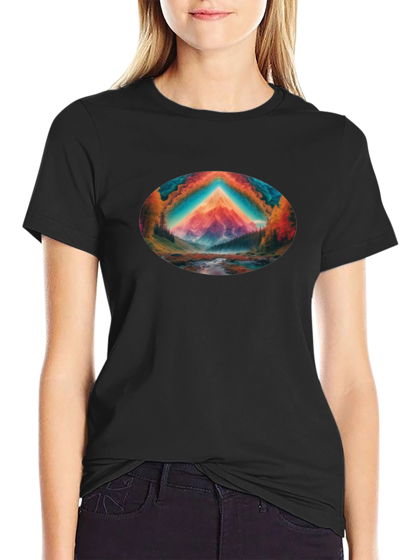 Vibrant Mountain Scene Black T-Shirt