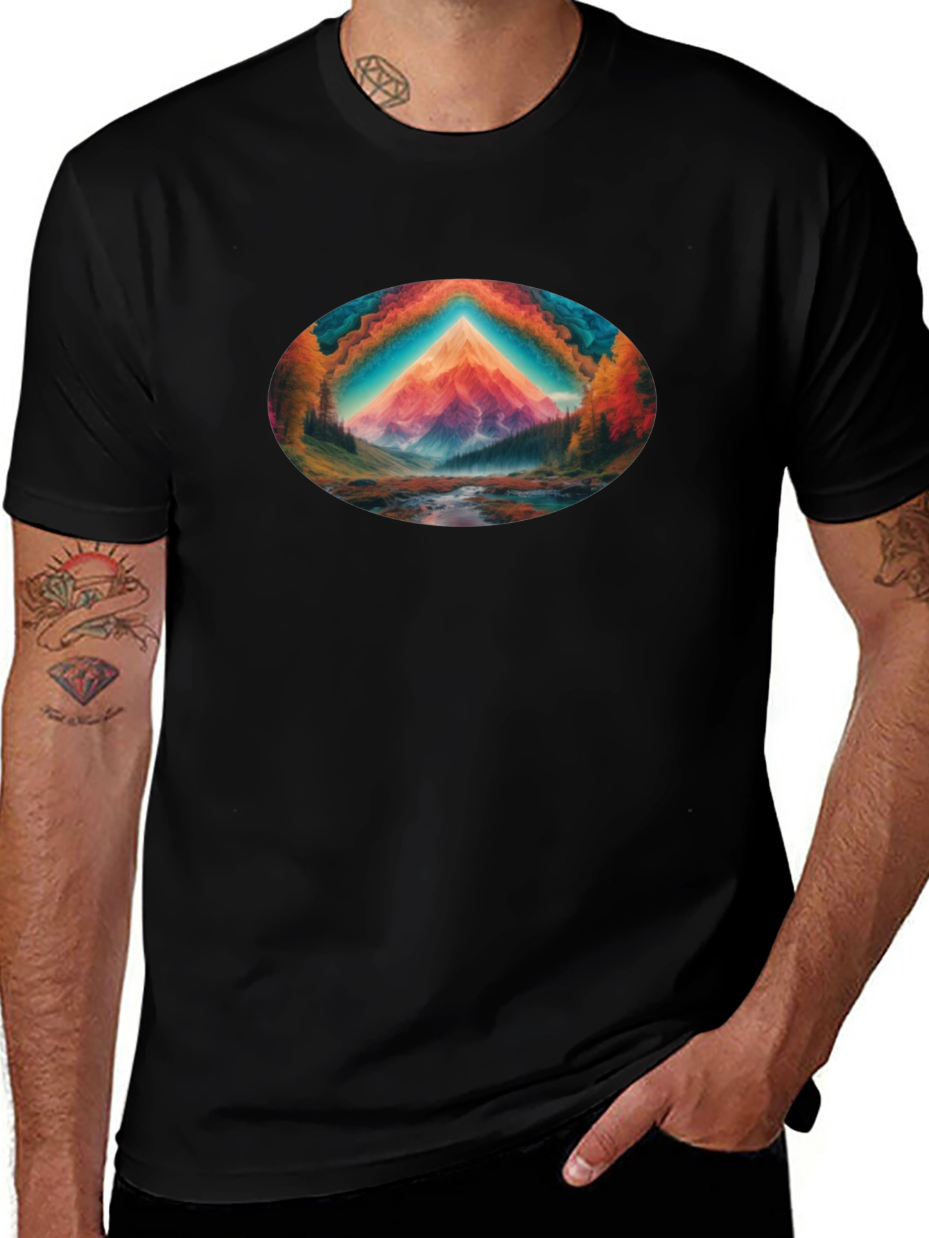 Vibrant Mountain Scene Black T-Shirt