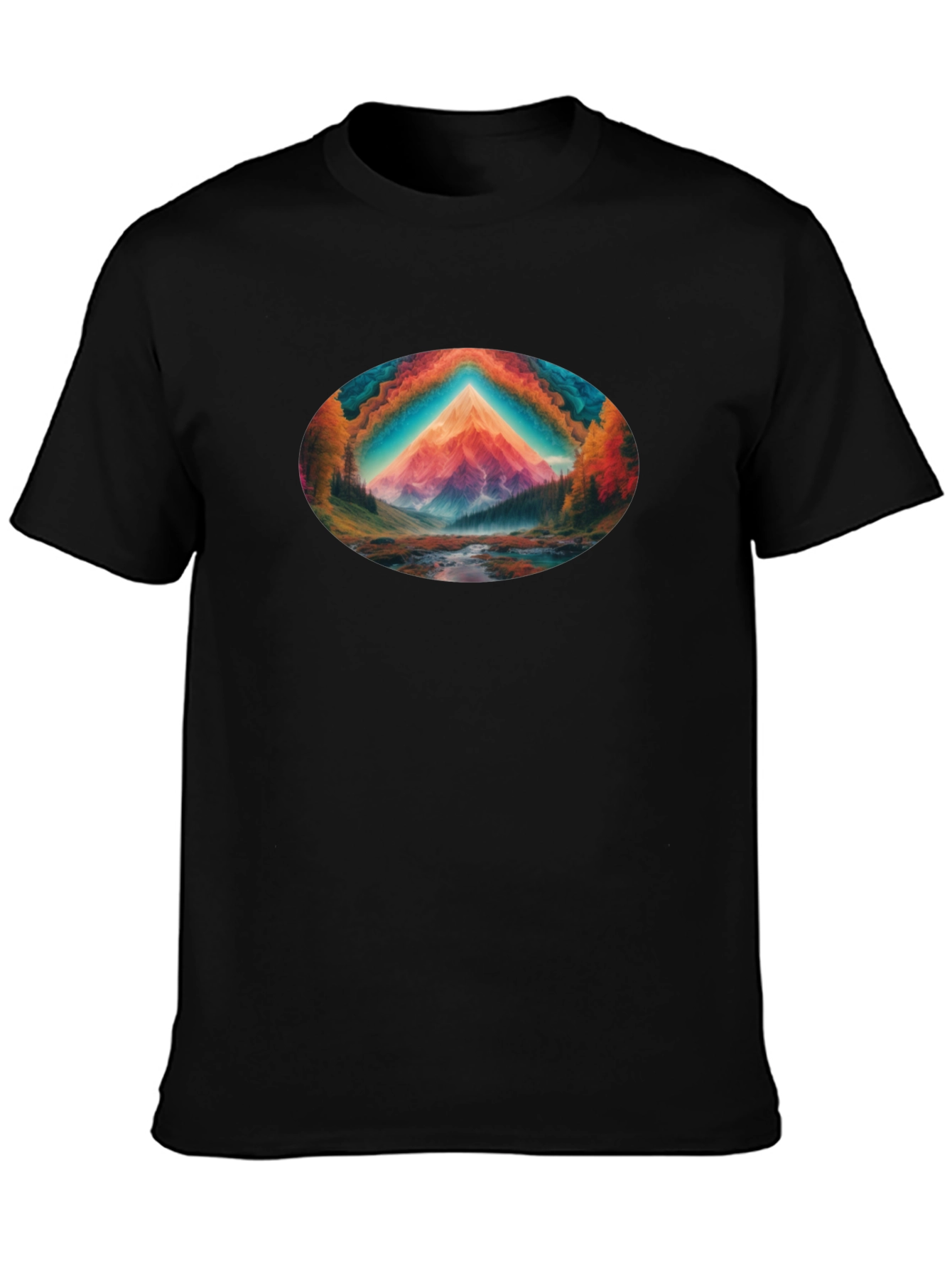Vibrant Mountain Scene Black T-Shirt