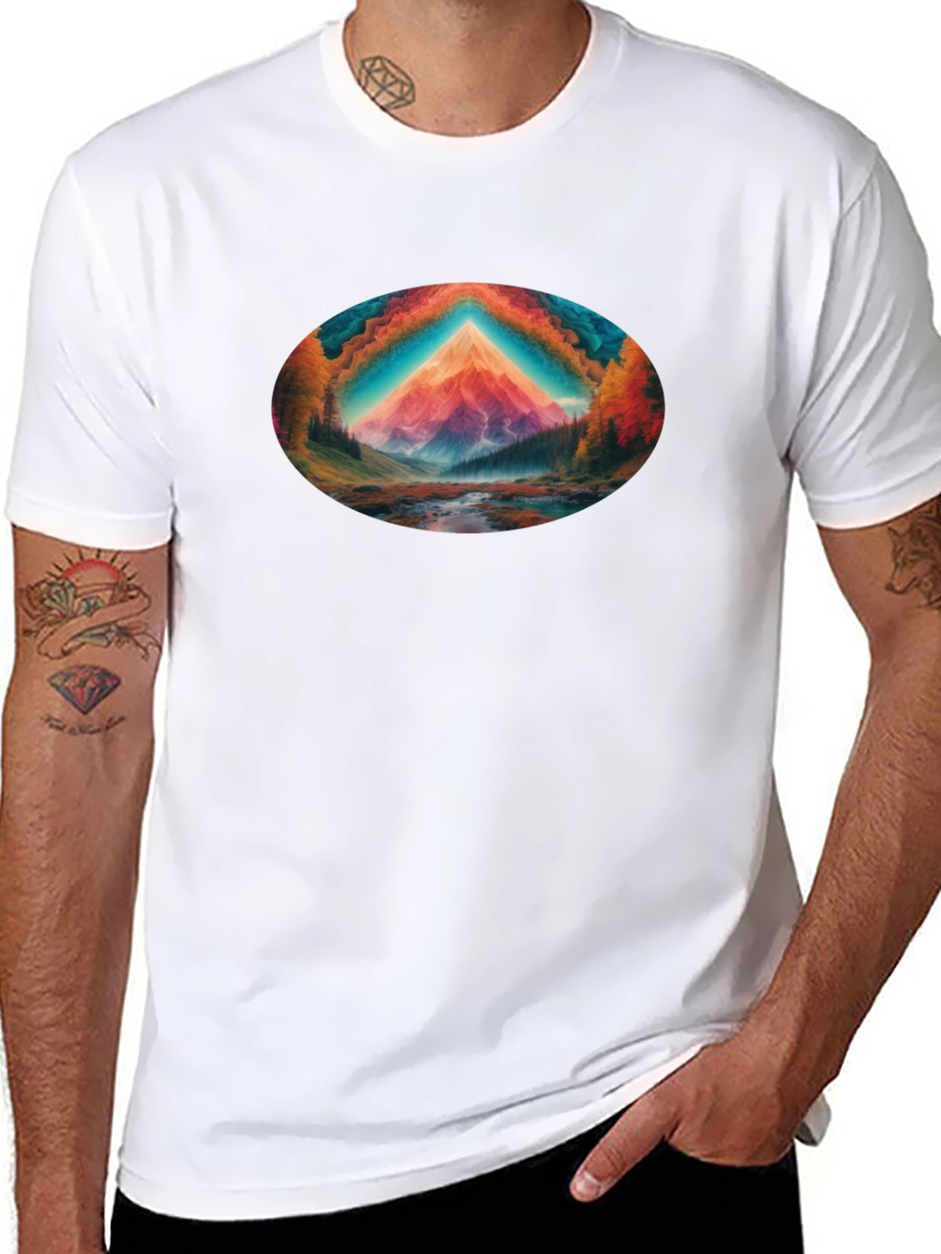 Vibrant Mountain Scene Black T-Shirt