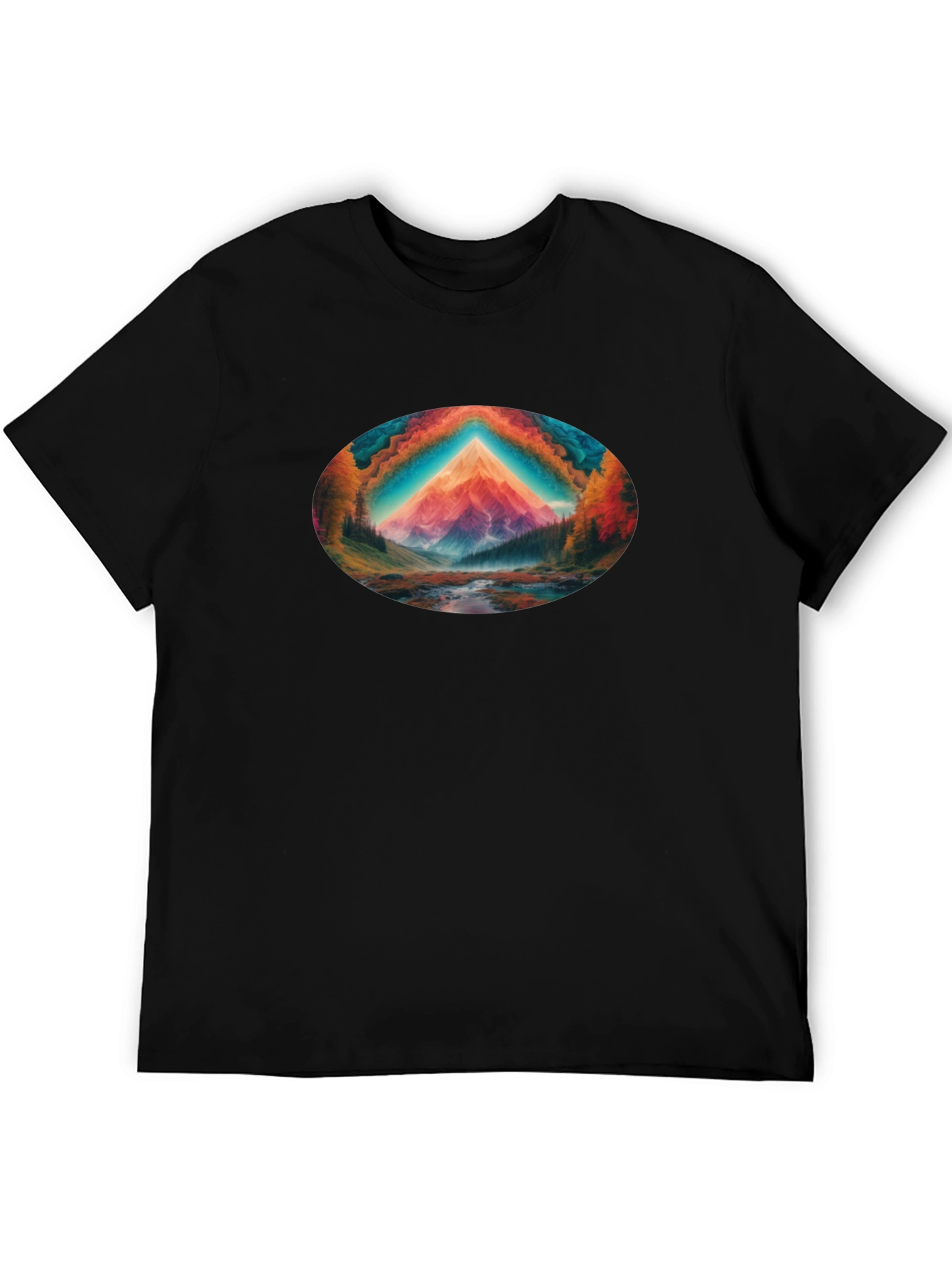 Vibrant Mountain Scene Black T-Shirt
