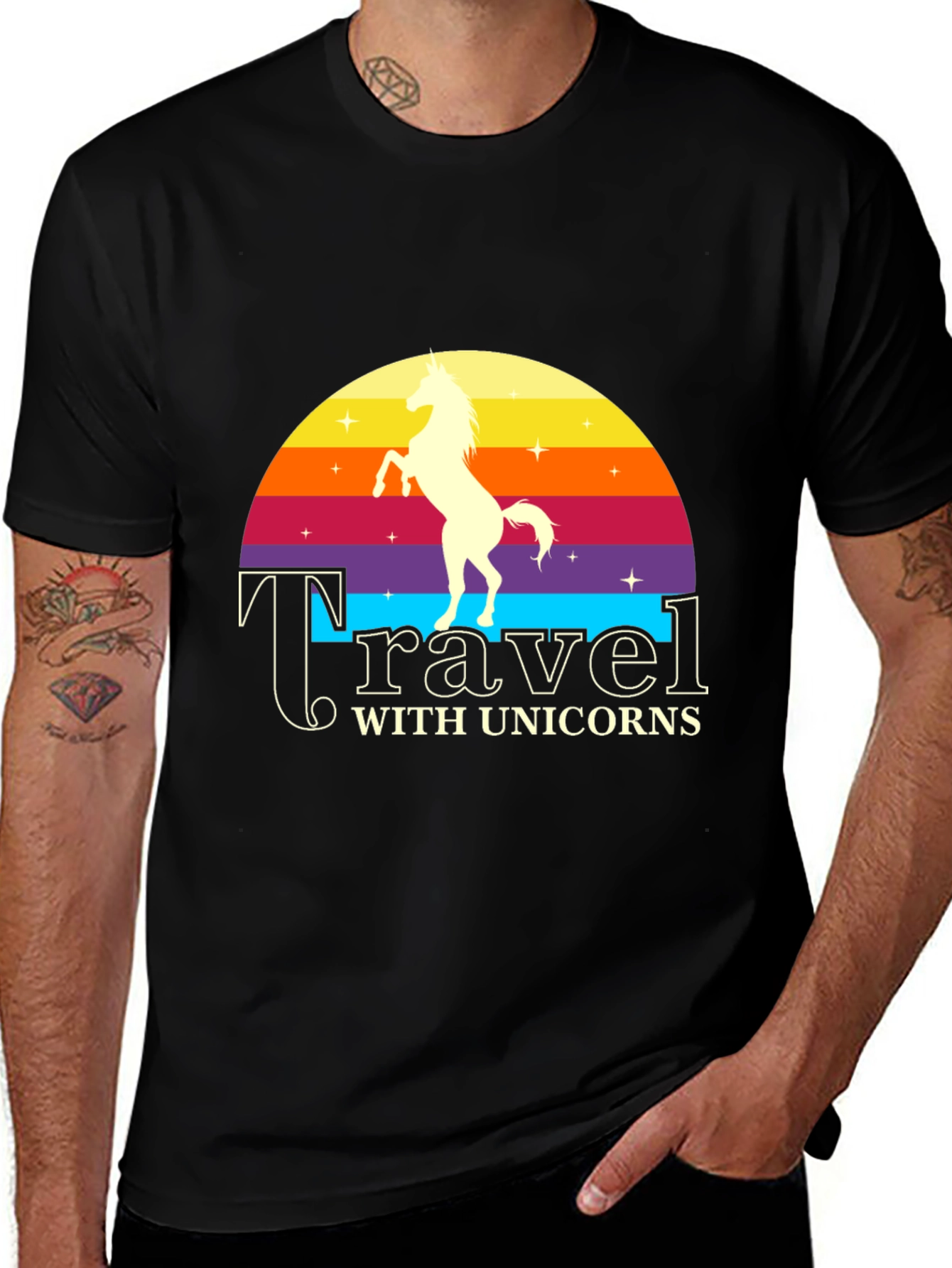 Travel with Unicorns Black Graphic T-Shirt