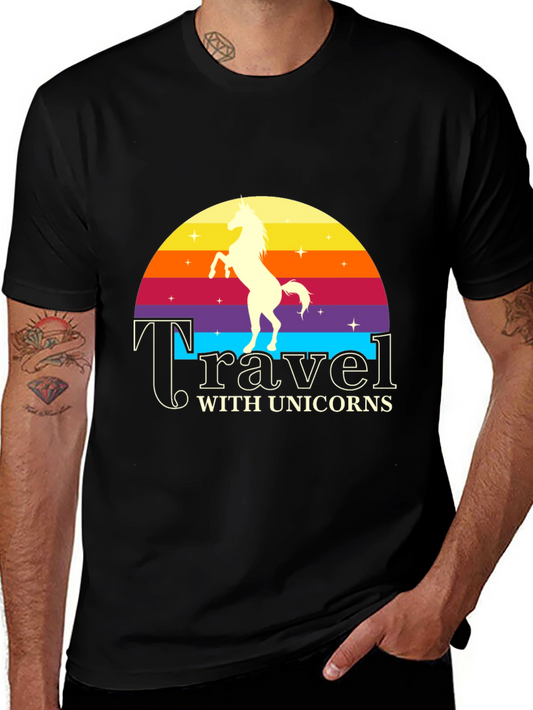 Travel with Unicorns Black Graphic T-Shirt