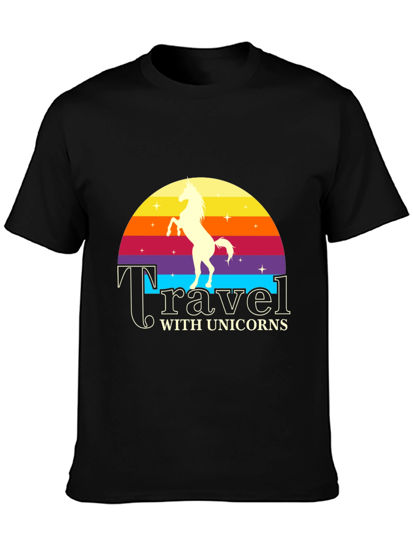 Travel with Unicorns Black Graphic T-Shirt
