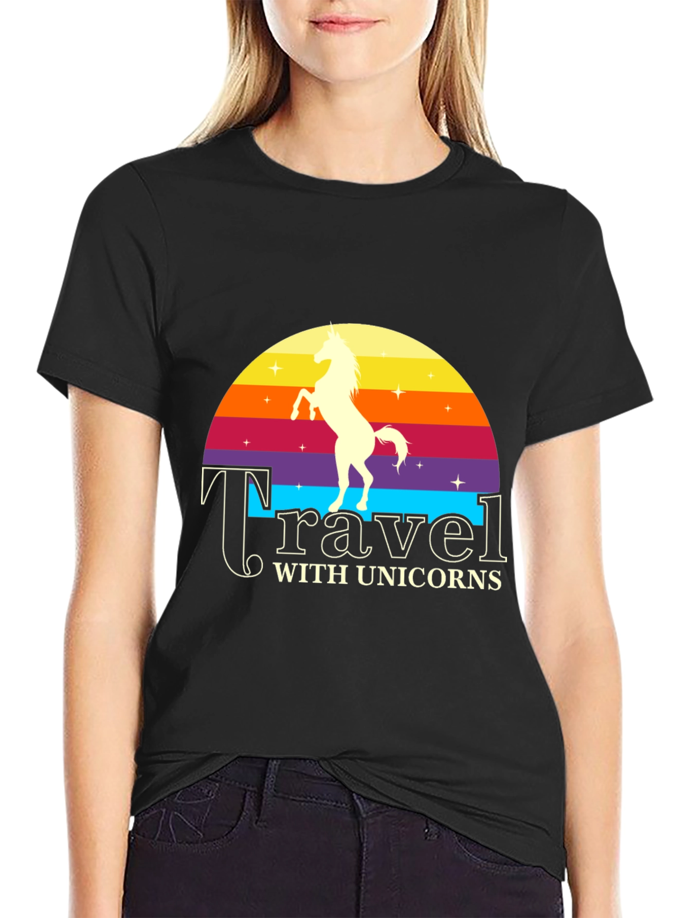 Travel with Unicorns Black Graphic T-Shirt