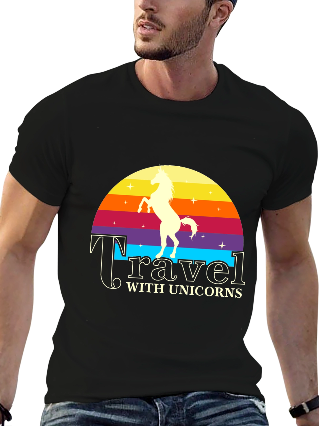 Travel with Unicorns Black Graphic T-Shirt