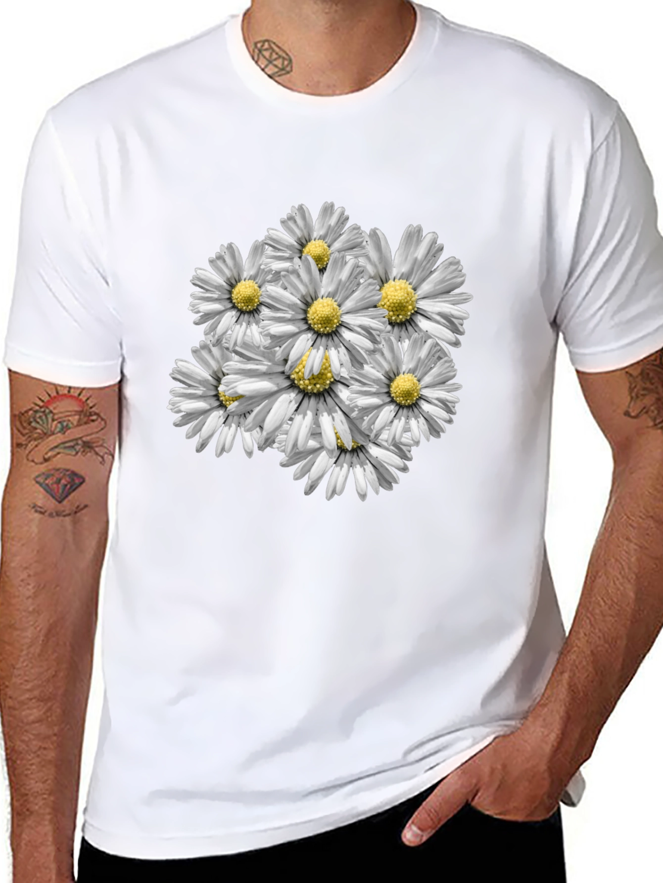Floral Daisy Print Black T-Shirt
