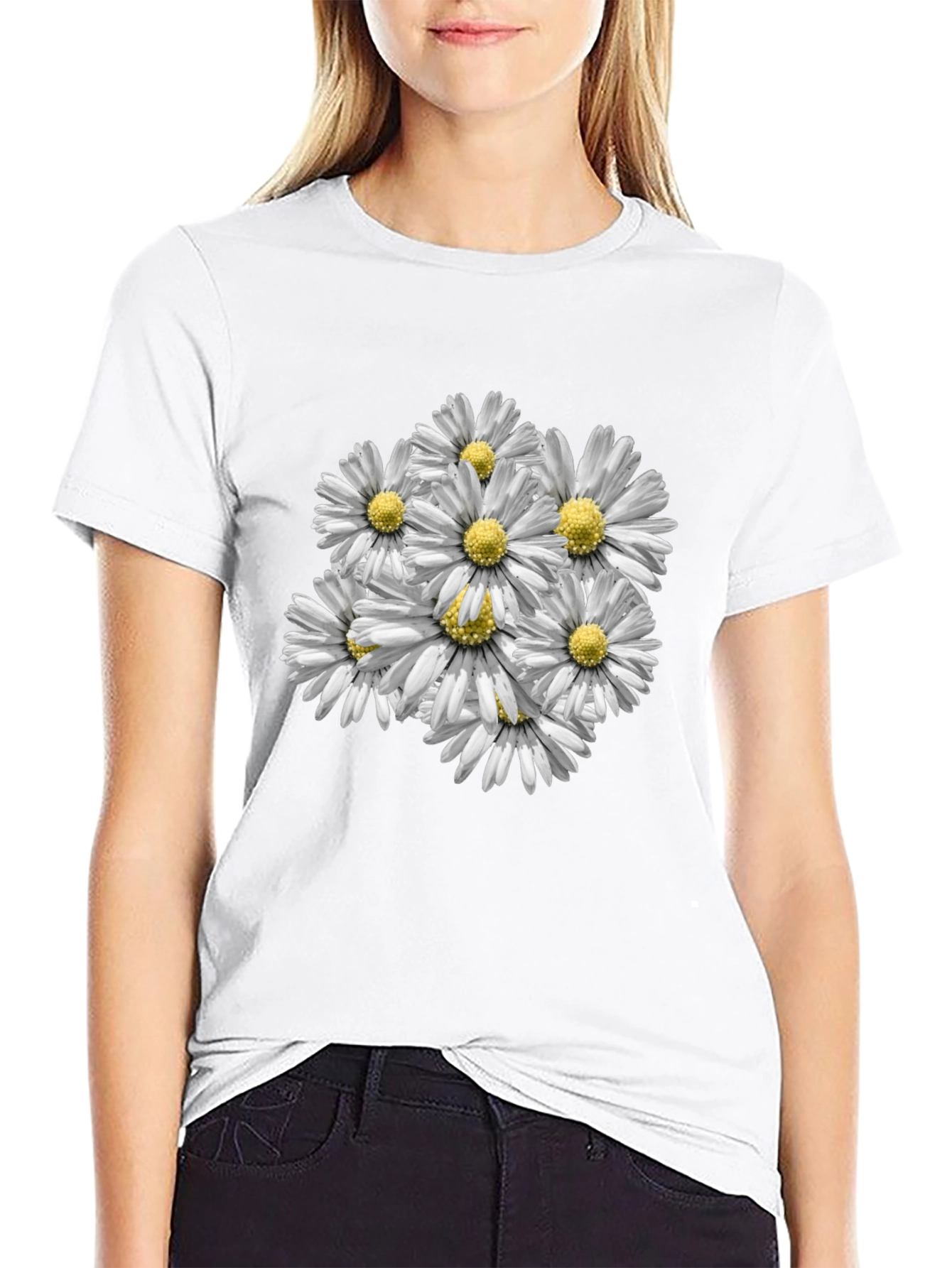 Floral Daisy Print Black T-Shirt