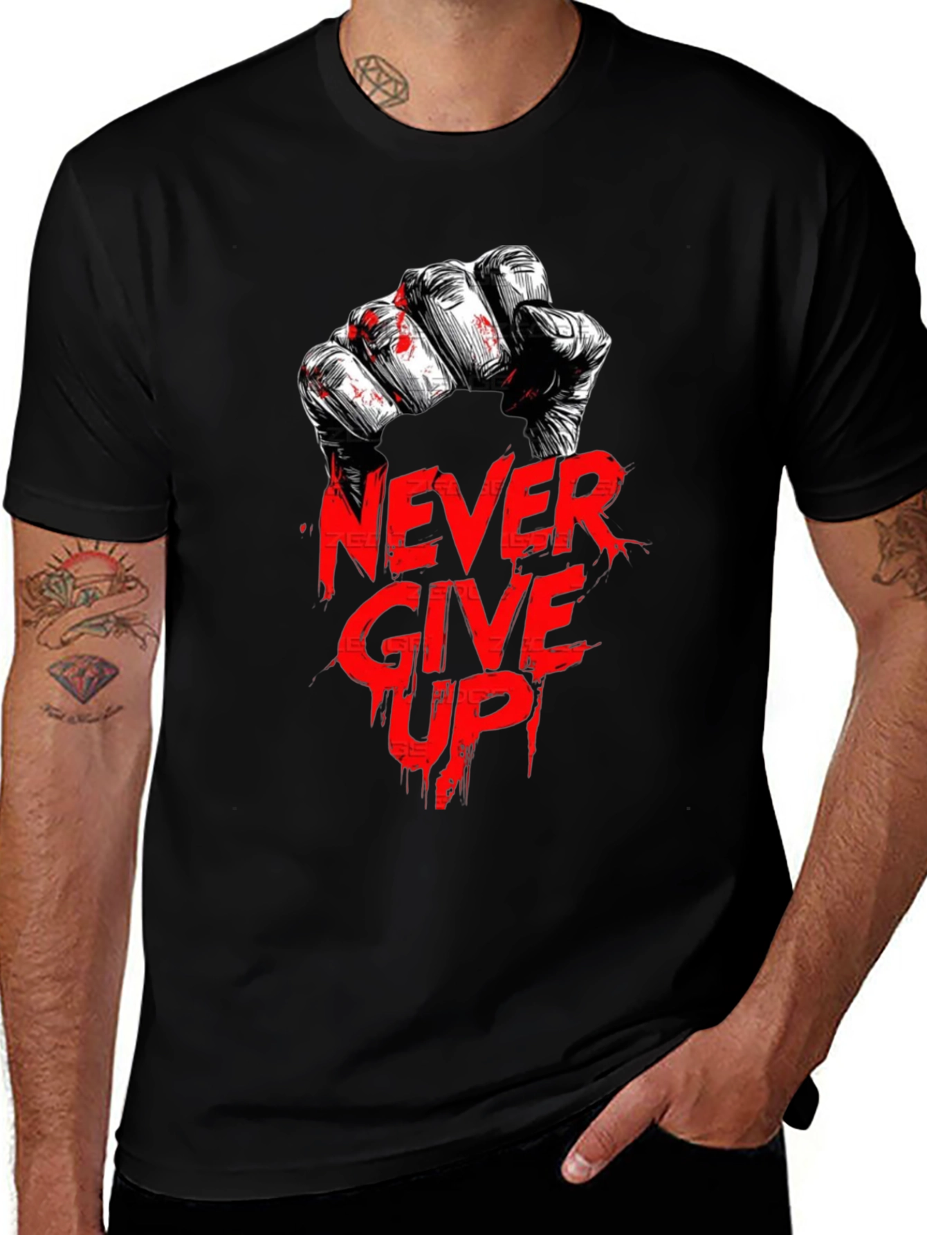 Never Give Up Graphic Print Black T-Shirt
