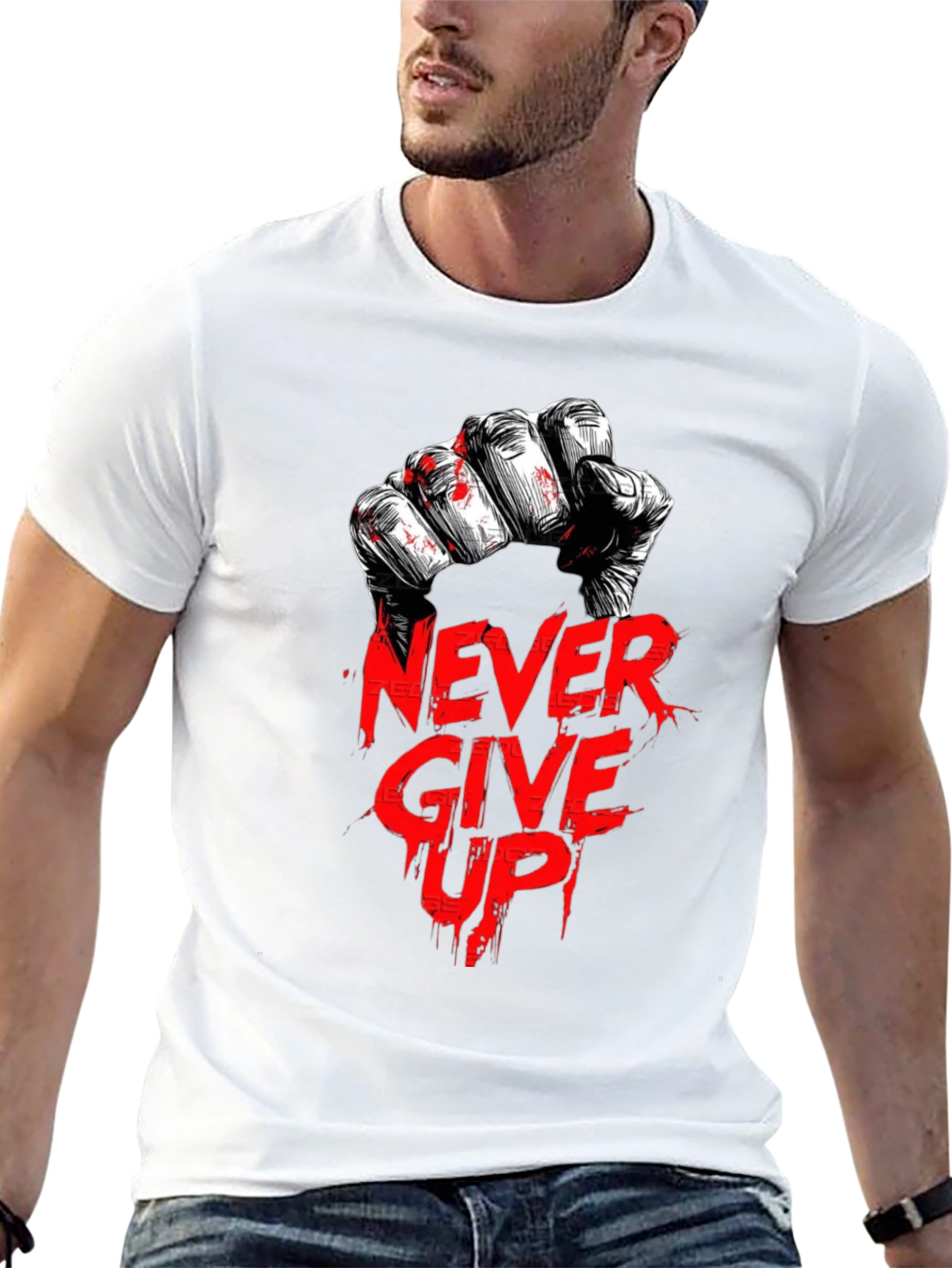 Never Give Up Graphic Print Black T-Shirt
