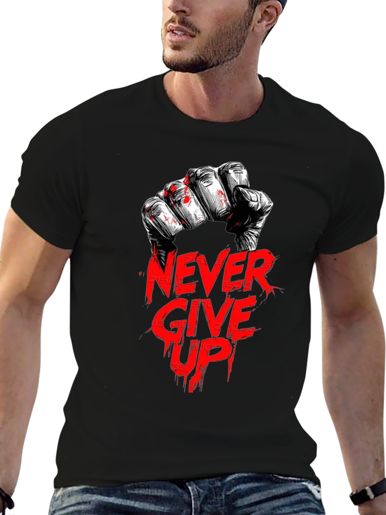 Never Give Up Graphic Print Black T-Shirt