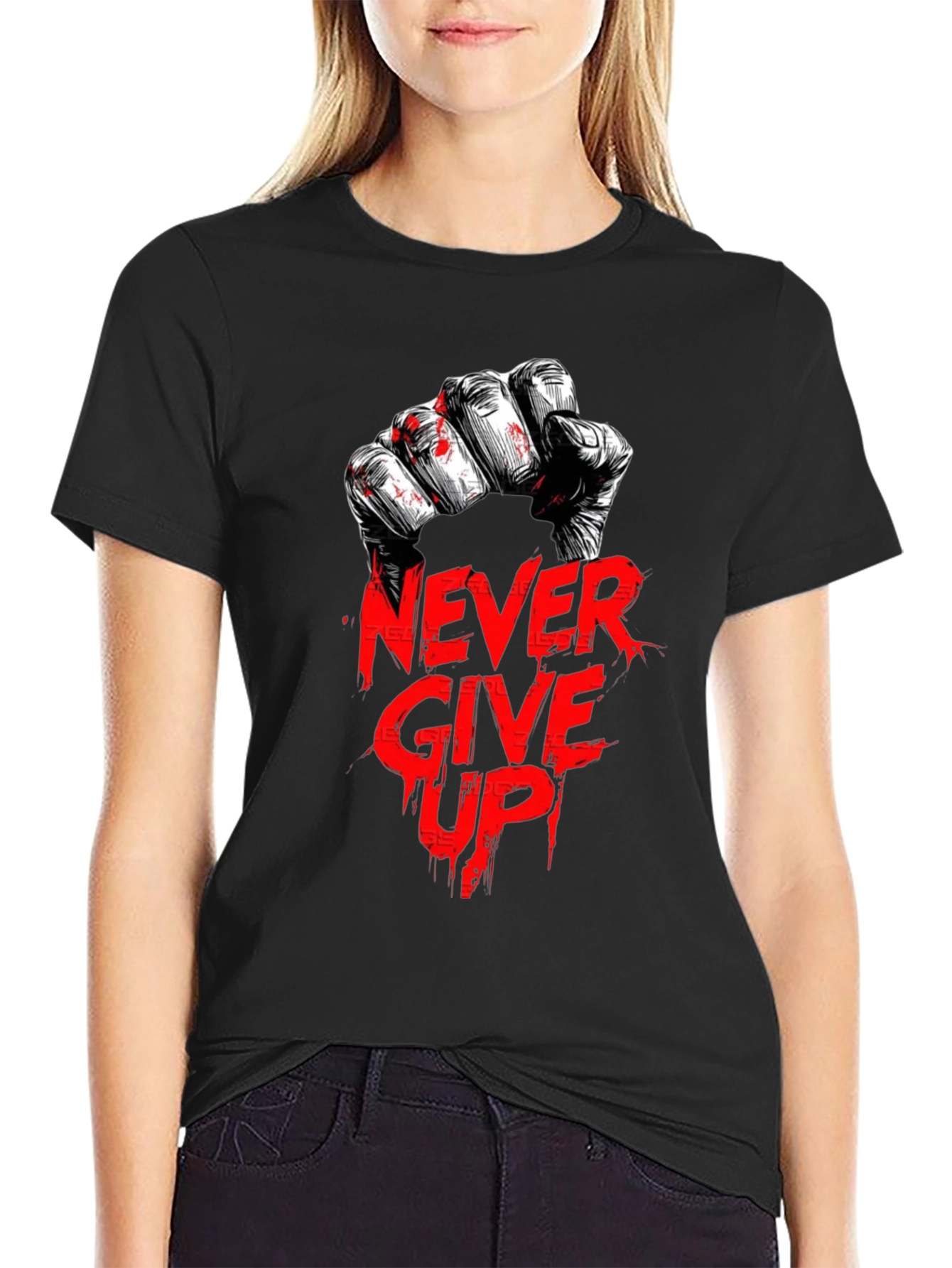 Never Give Up Graphic Print Black T-Shirt