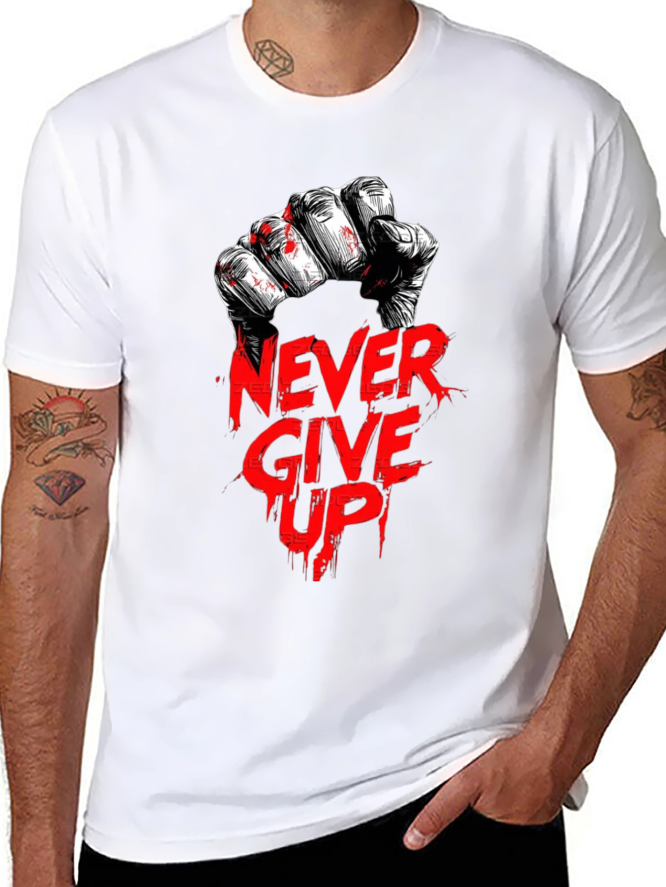 Never Give Up Graphic Print Black T-Shirt