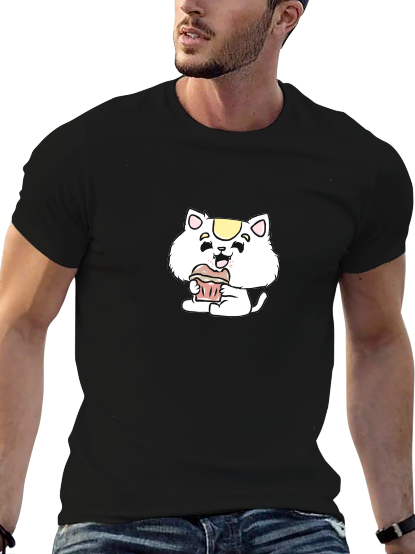 Cute Cartoon Cat Cupcake Black T-Shirt