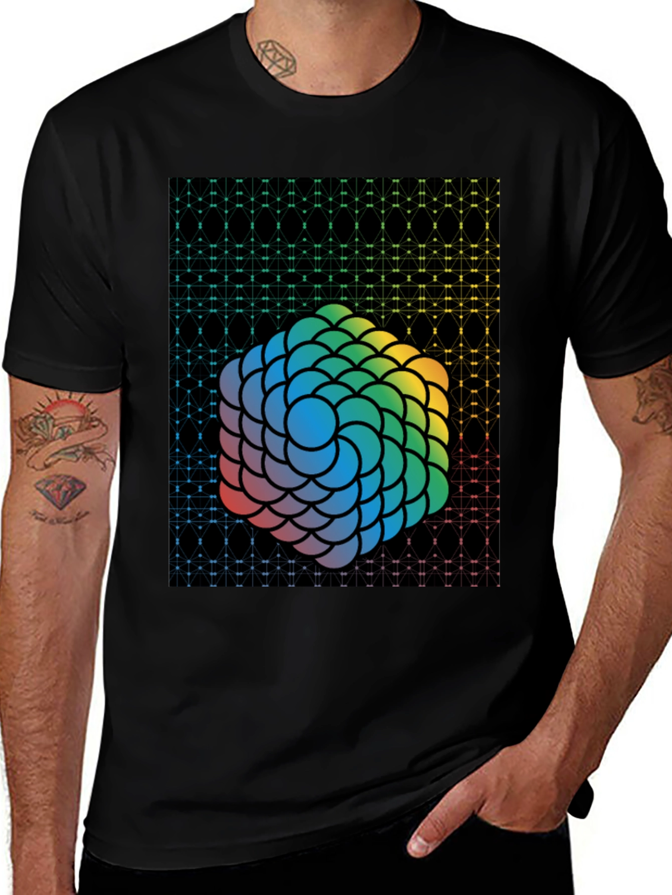 Geometric Rainbow Sphere Graphic Tee - Mens Black T-Shirt