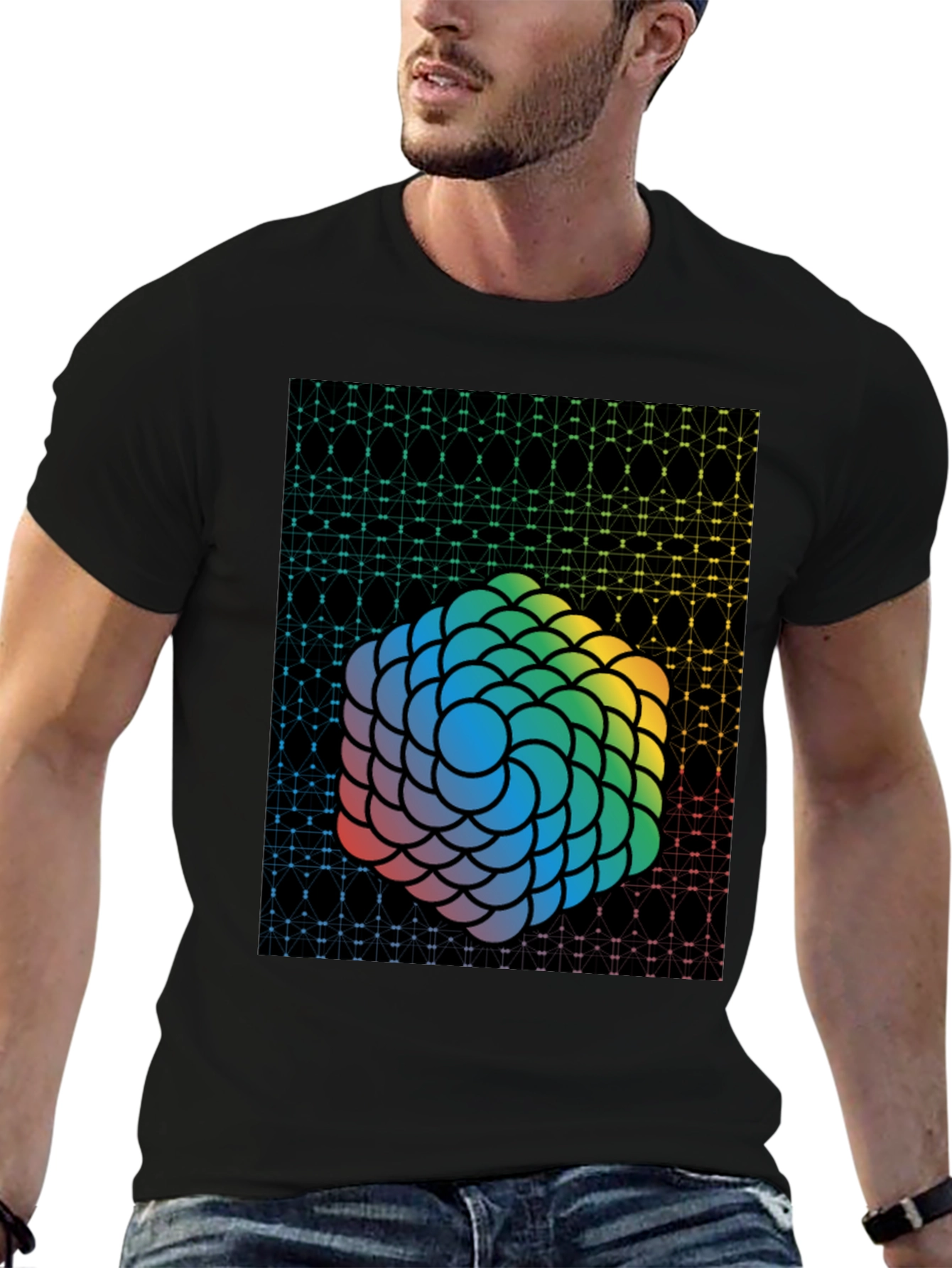 Geometric Rainbow Sphere Graphic Tee - Mens Black T-Shirt