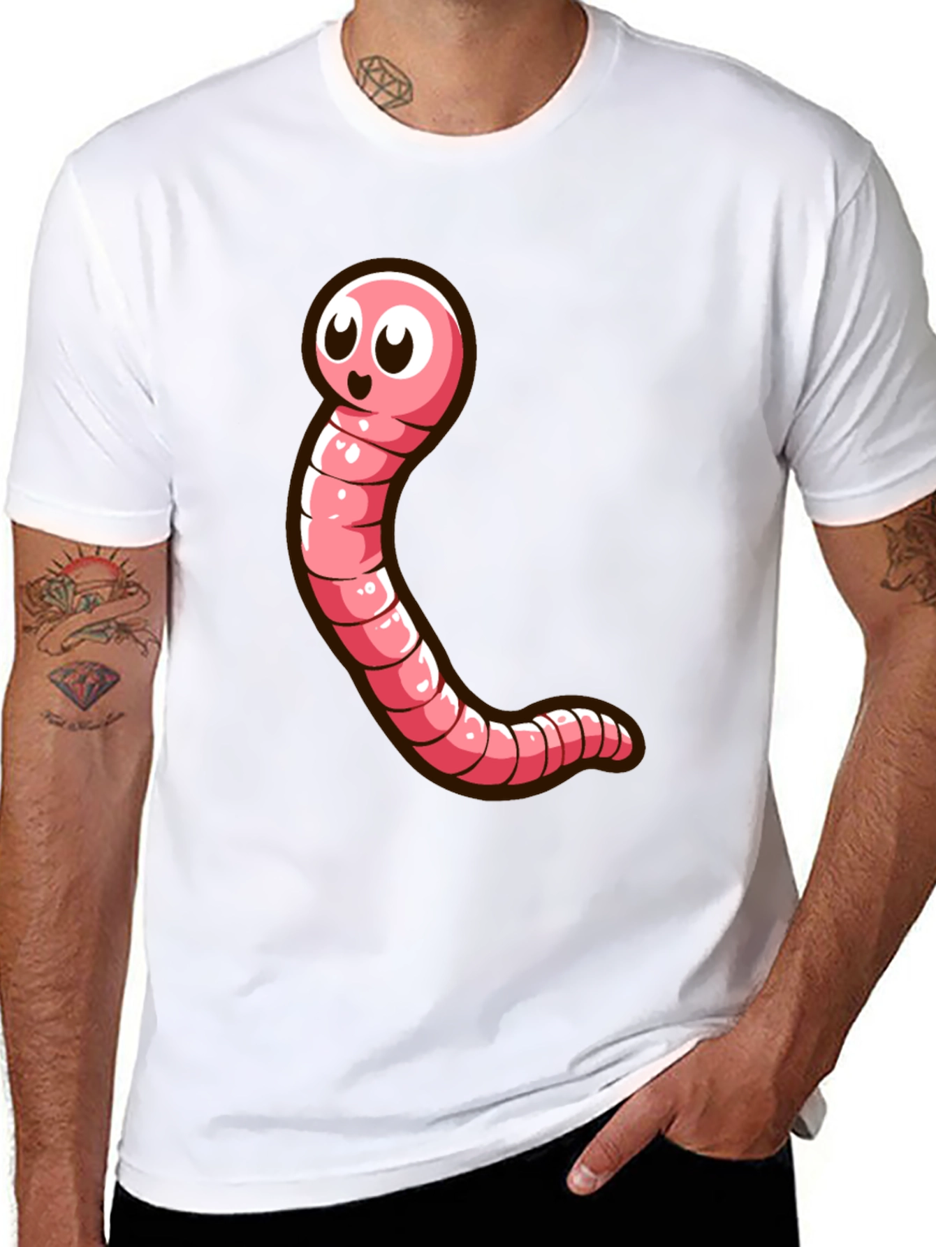 Cartoon Worm Graphic Tee - Black Cotton T-Shirt