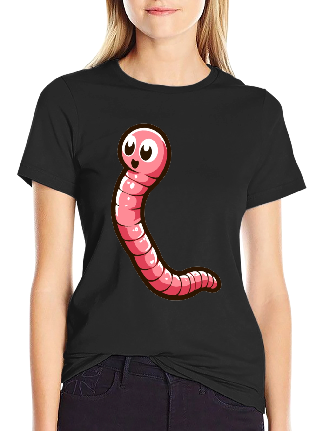 Cartoon Worm Graphic Tee - Black Cotton T-Shirt