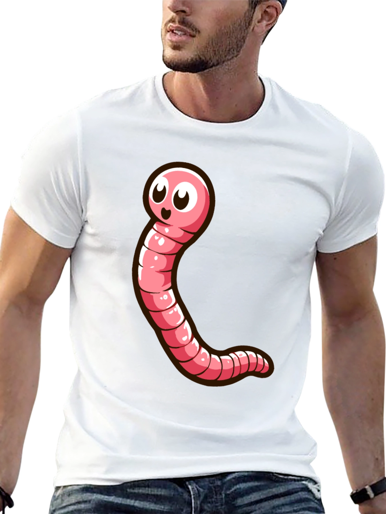 Cartoon Worm Graphic Tee - Black Cotton T-Shirt