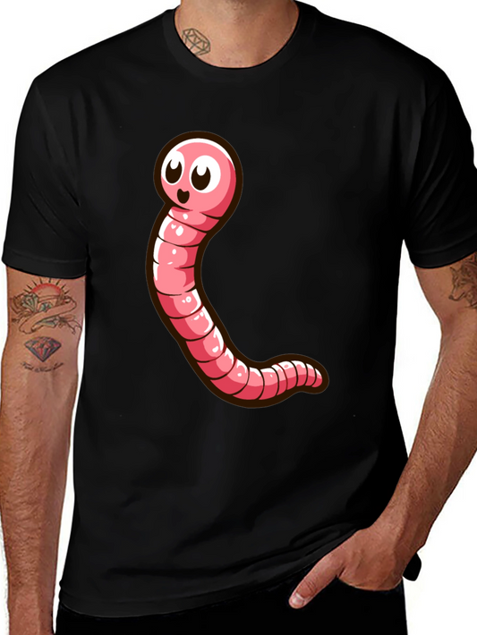 Cartoon Worm Graphic Tee - Black Cotton T-Shirt