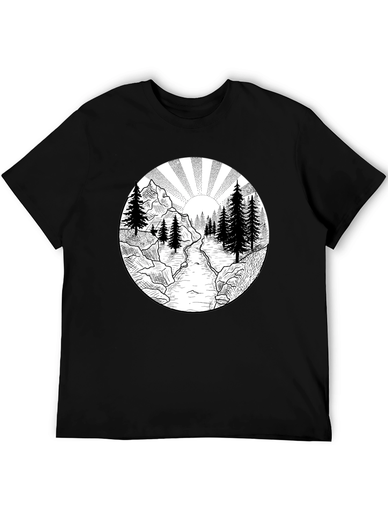 Nature Scene Graphic Tee - Black Cotton T-Shirt