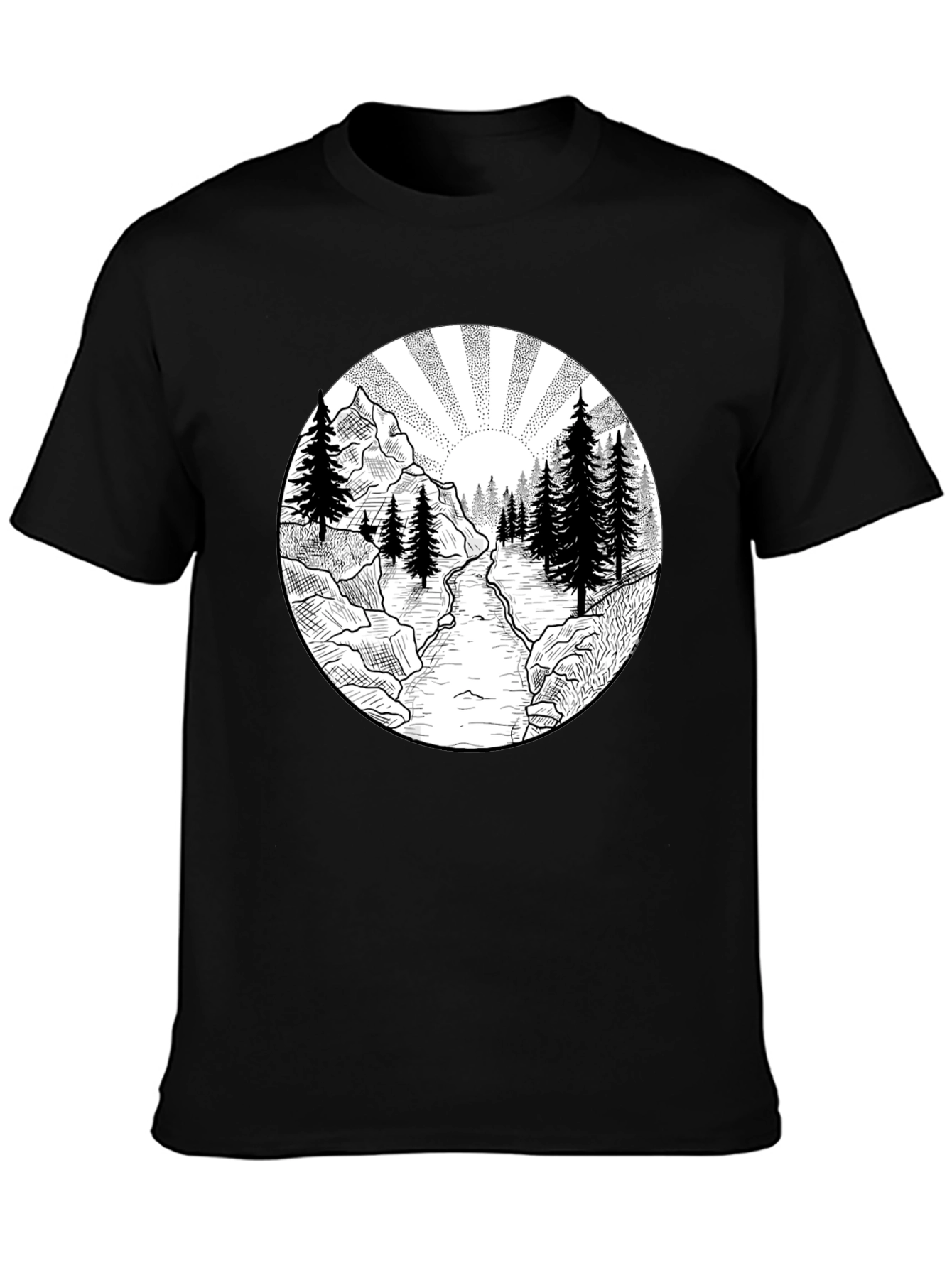 Nature Scene Graphic Tee - Black Cotton T-Shirt